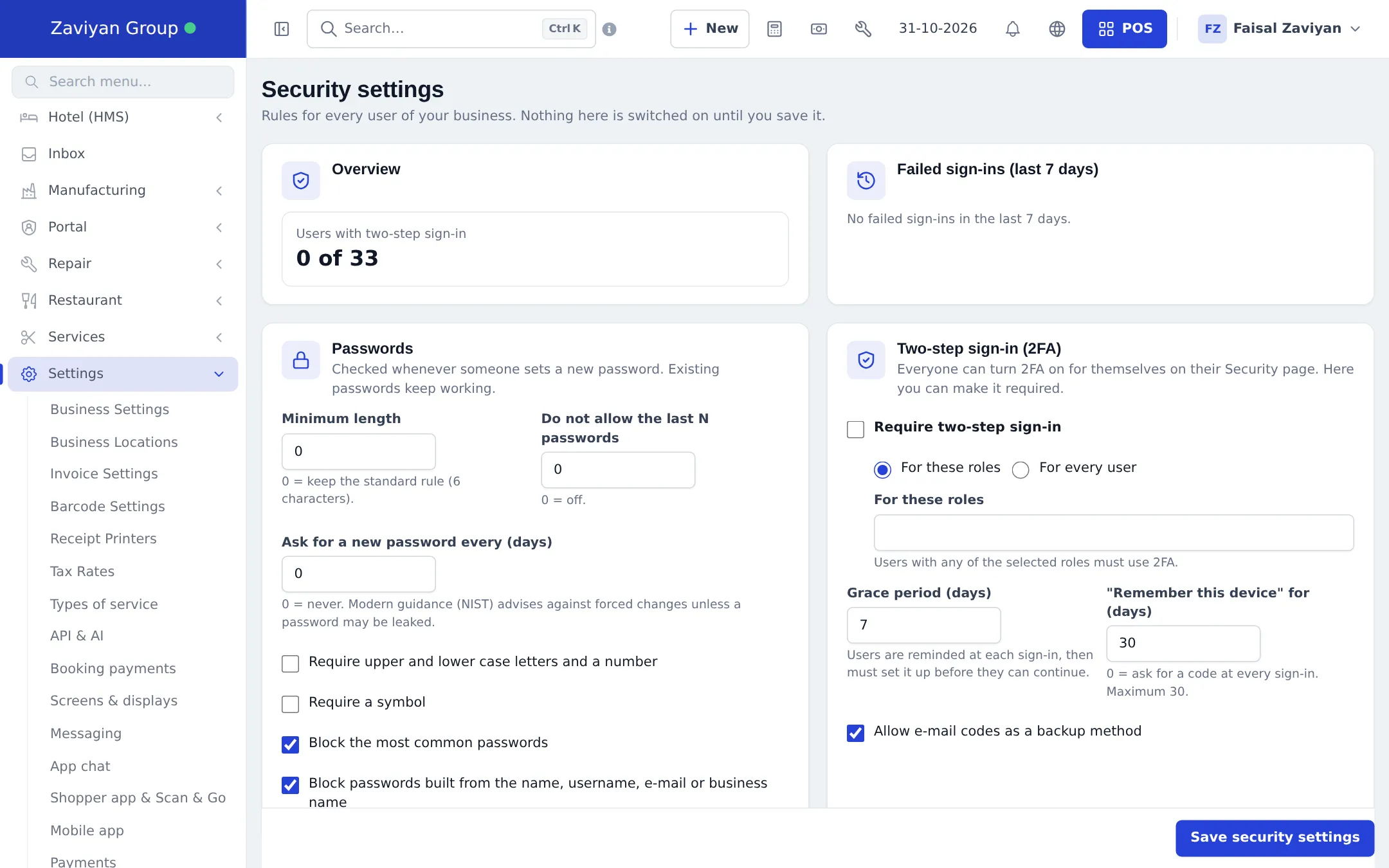 Security settings page with overview, password rules and two-step sign-in requirement
