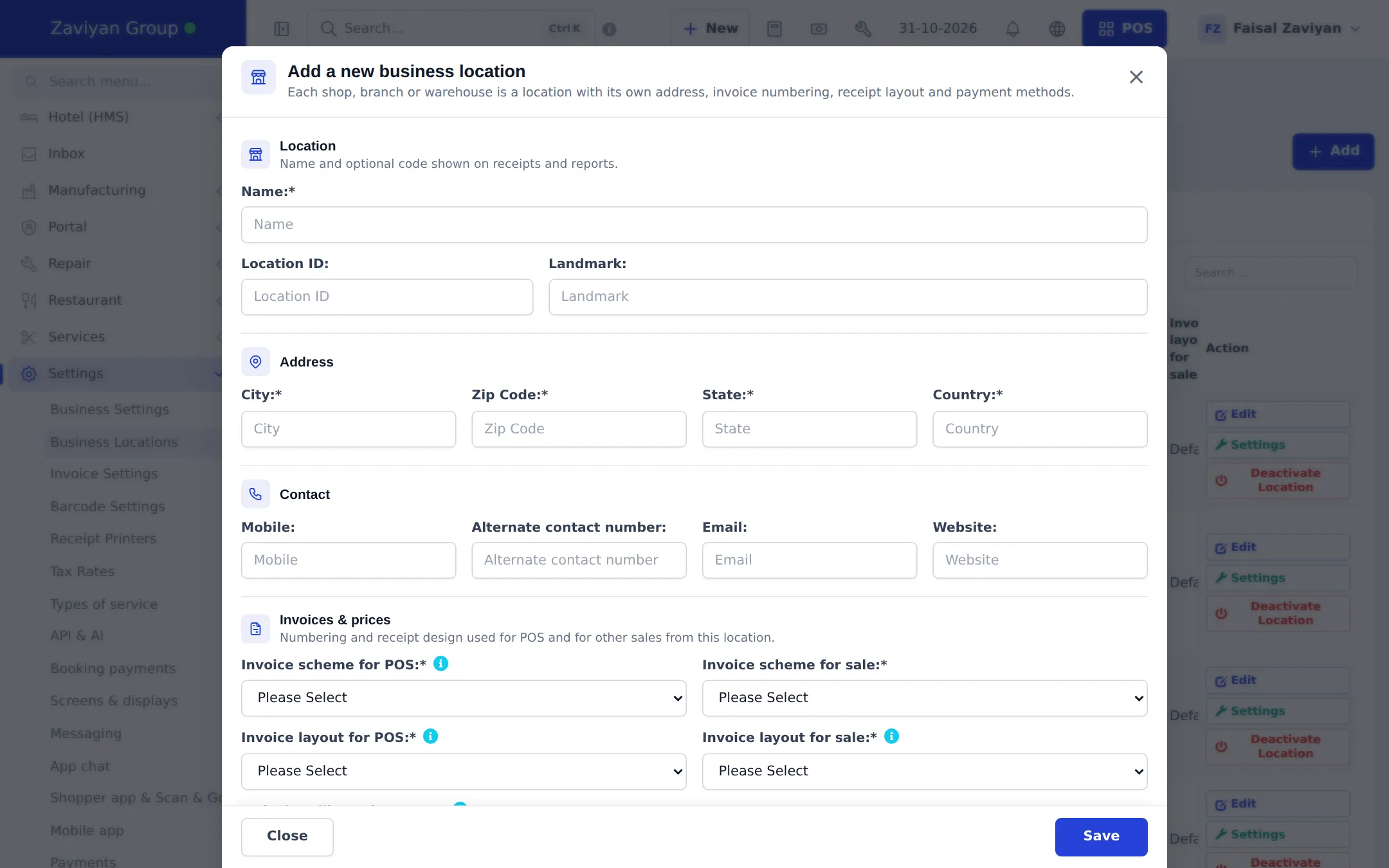 Add a new business location window with Name, Location ID, Landmark, City, Zip Code, State, Country, Mobile, Email and the Invoices and prices section