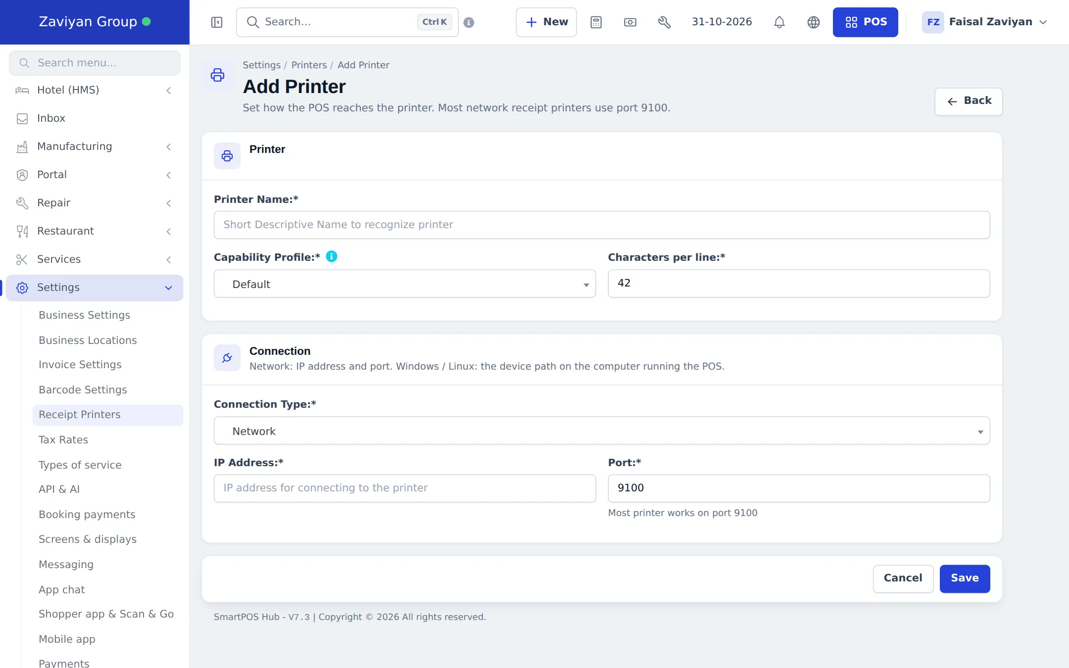 Add Printer page with Printer Name, Capability Profile, Characters per line set to 42, Connection Type Network, IP Address and Port 9100