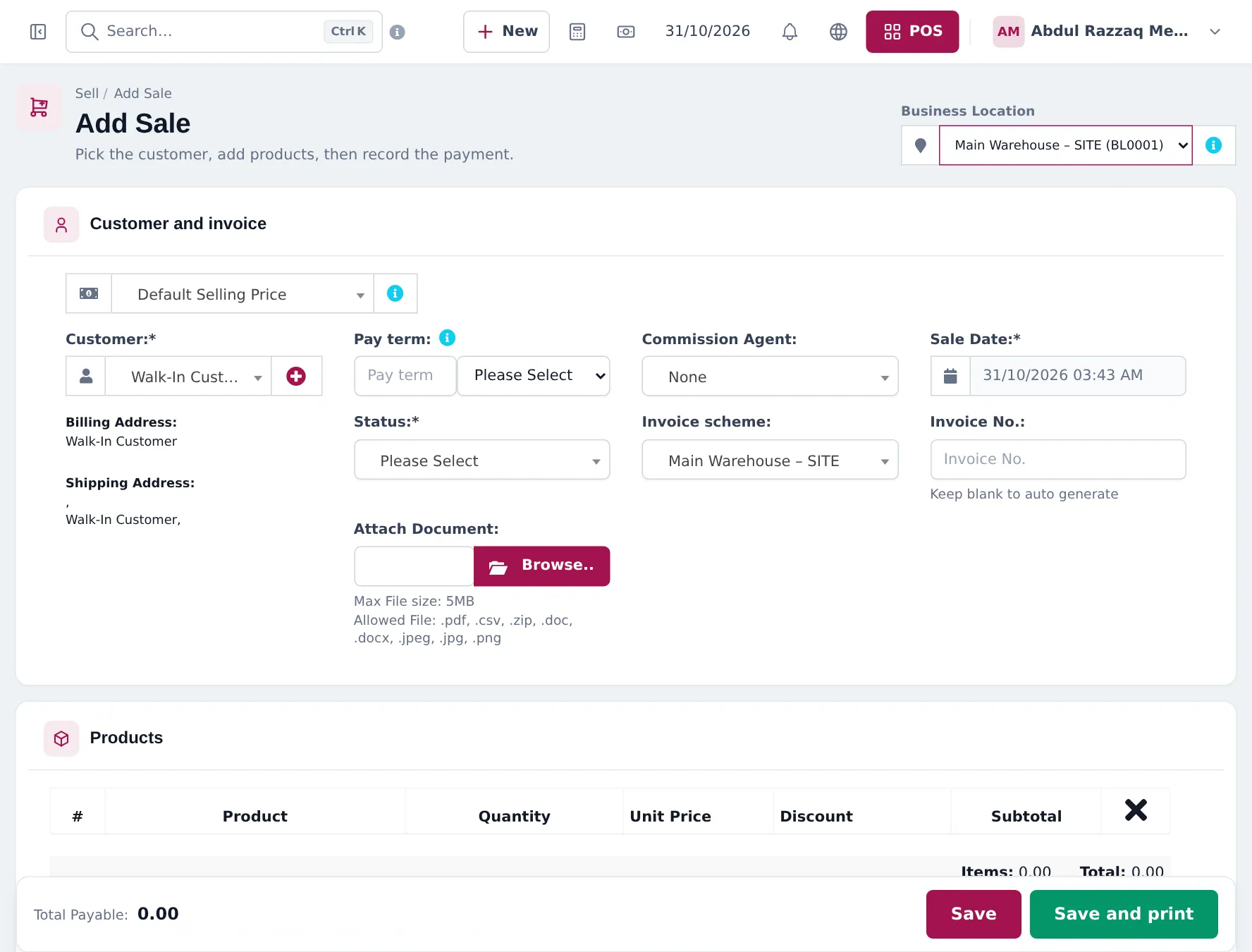 Add Sale page with business location Main Warehouse – SITE, price group selector, customer, pay term, status, commission agent, invoice scheme, sale date and products table