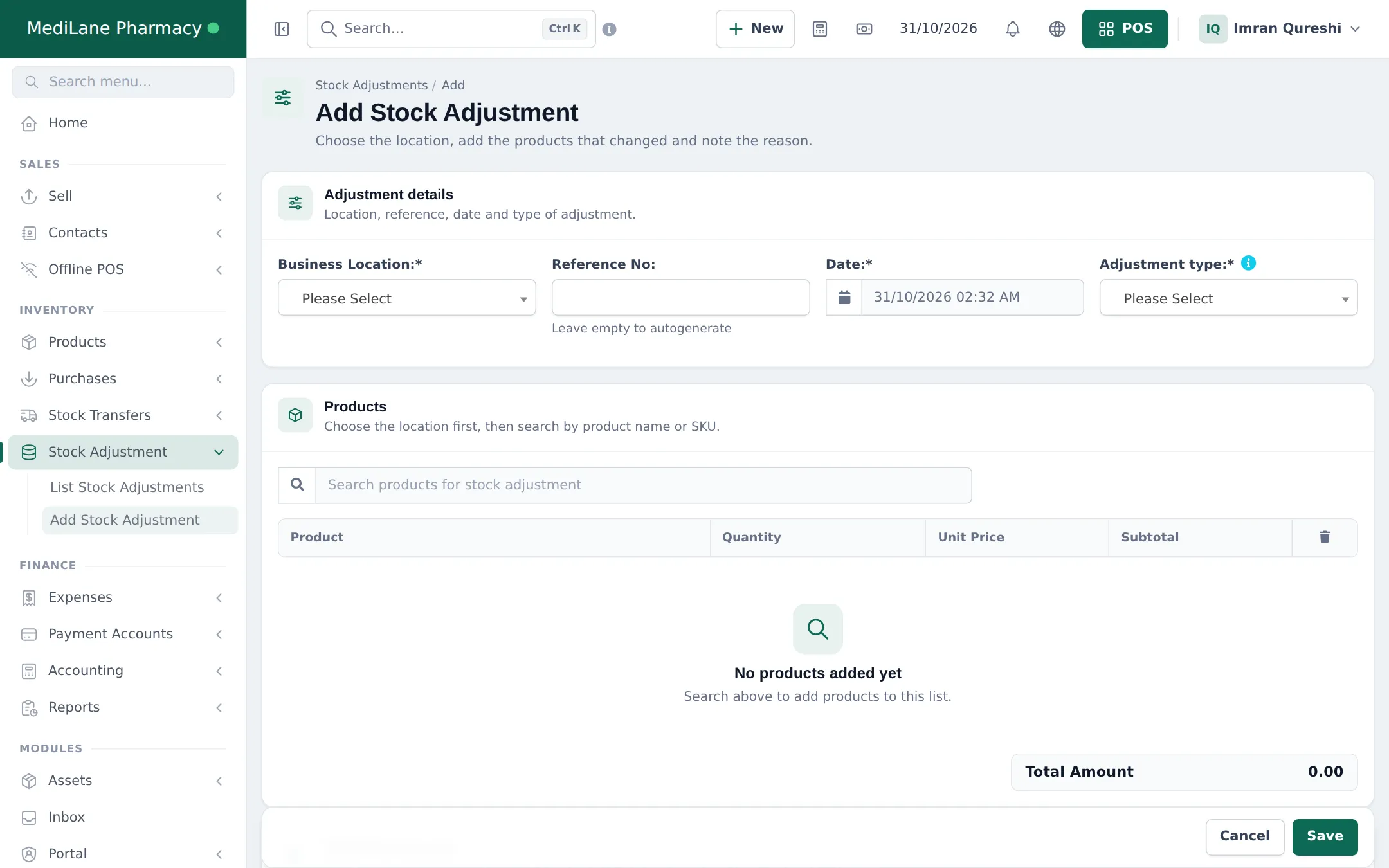 Add Stock Adjustment form with business location, reference, date, adjustment type and products table