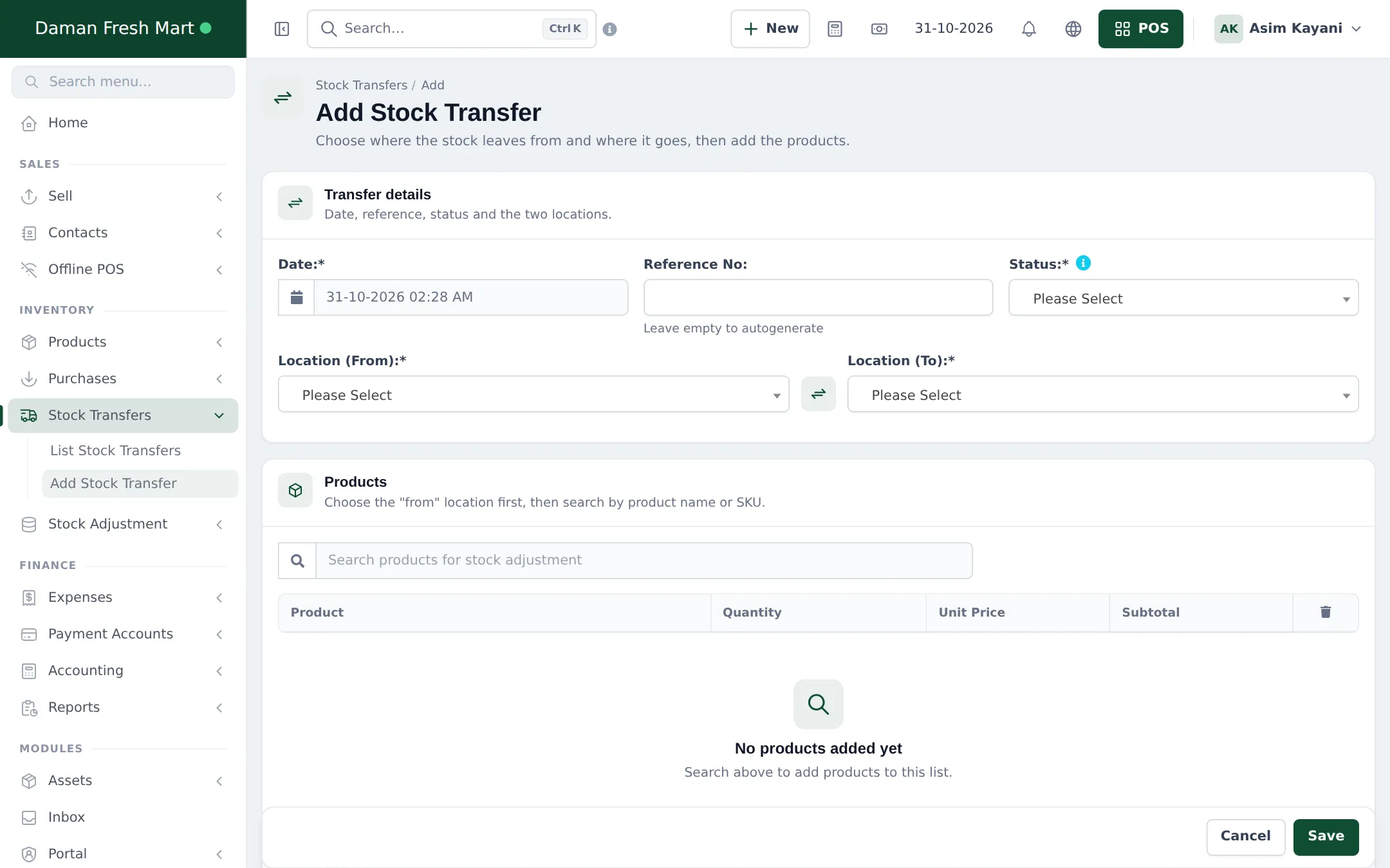 Add Stock Transfer form with date, reference, status, From and To locations and products table