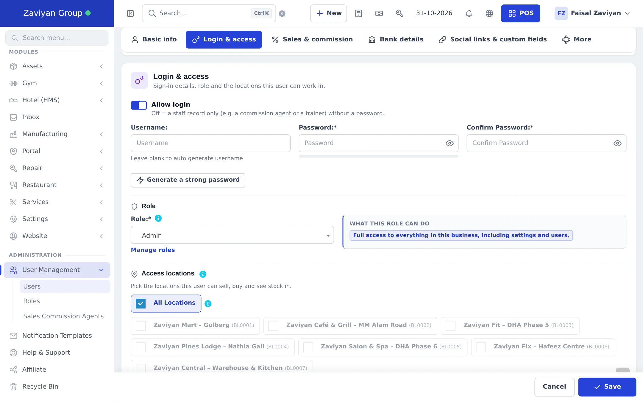 Add user page, Login and access section with Role set to Admin and Access locations showing All Locations ticked and seven location tick boxes