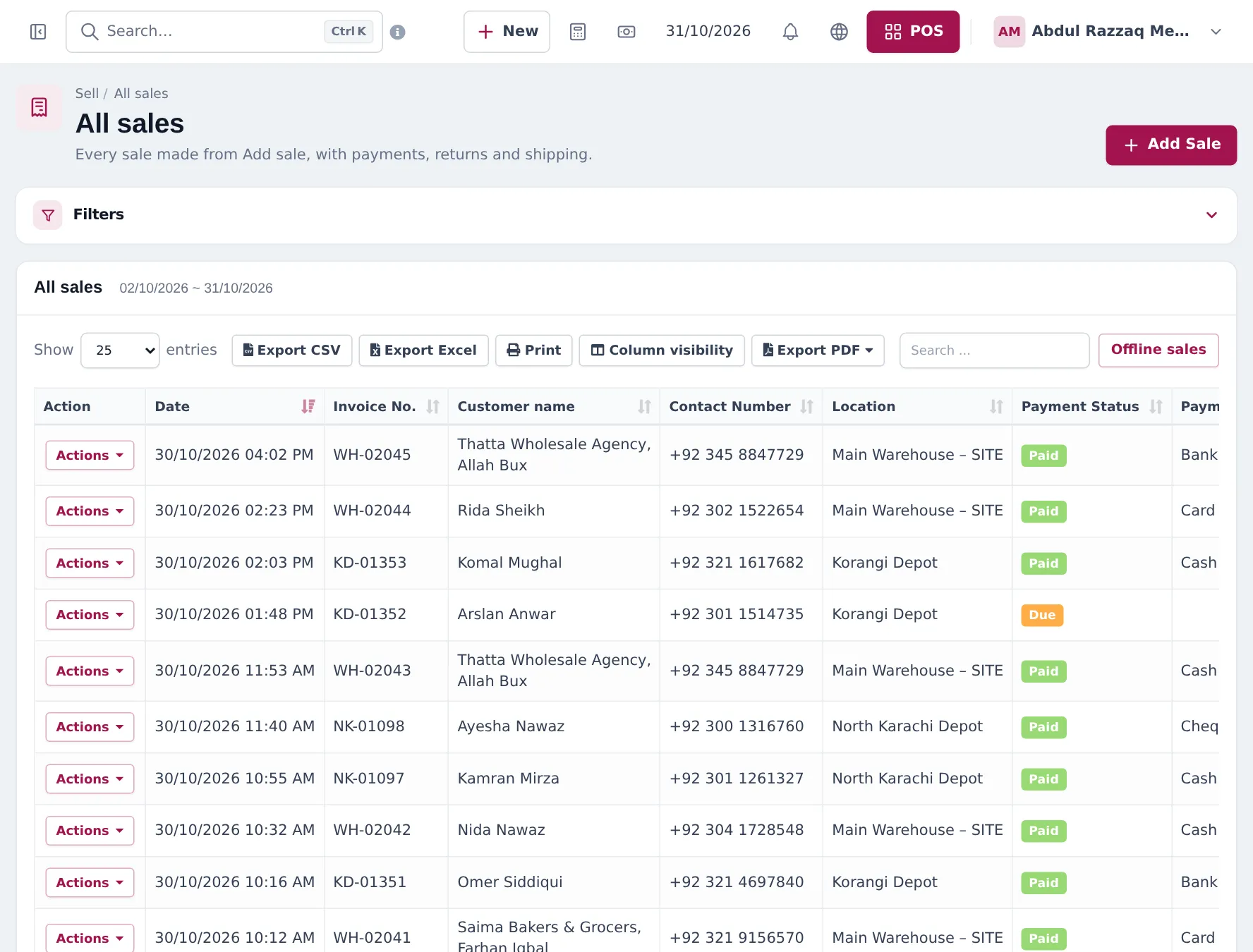 All sales list of a distributor with invoice numbers per depot, wholesale agencies and retailers as customers, locations, payment status Paid or Due and payment method