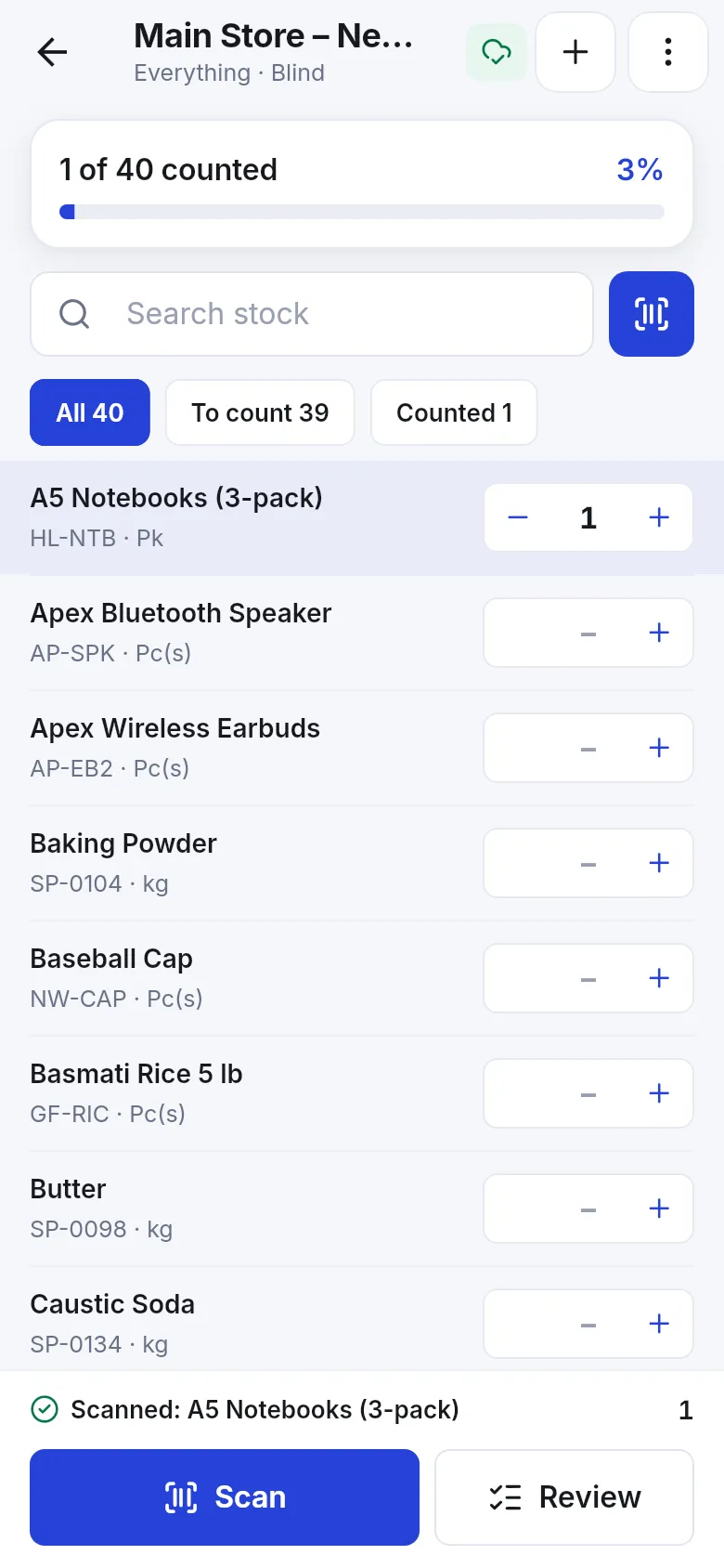 Blind count showing items without expected quantities