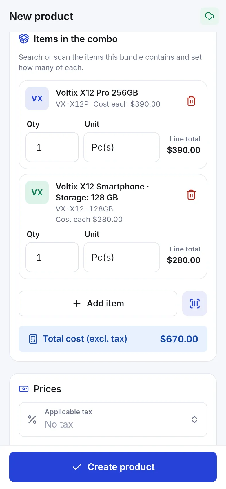 SmartPOS Business app combo screen listing two Voltix phones with Qty, Unit and line totals, Add item, a scan button and Total cost (excl. tax) of $670.00