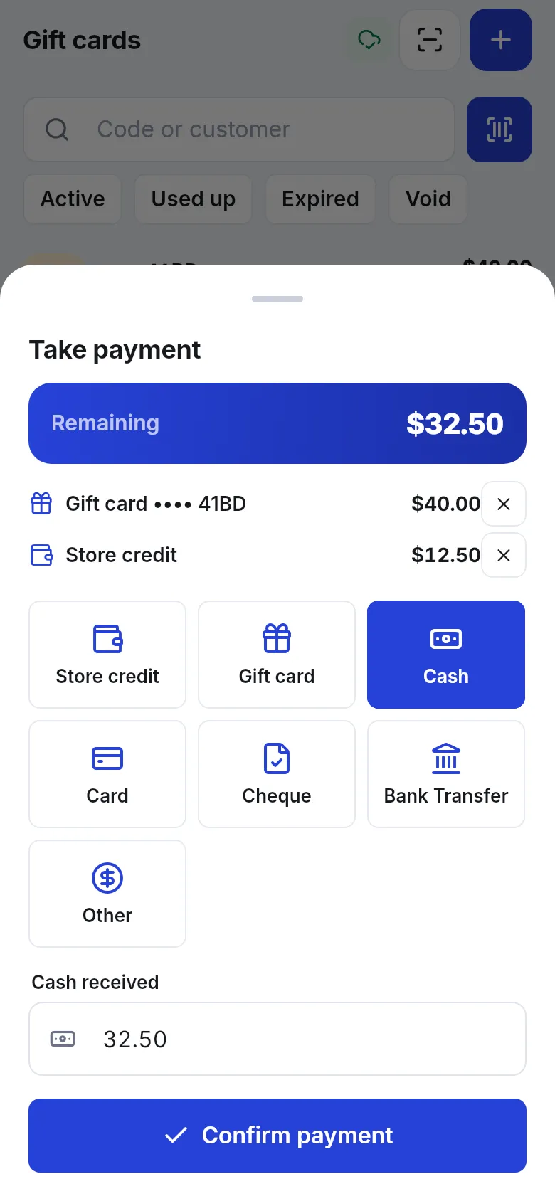 Business app Take payment sheet using a gift card and store credit with the remaining amount paid in cash