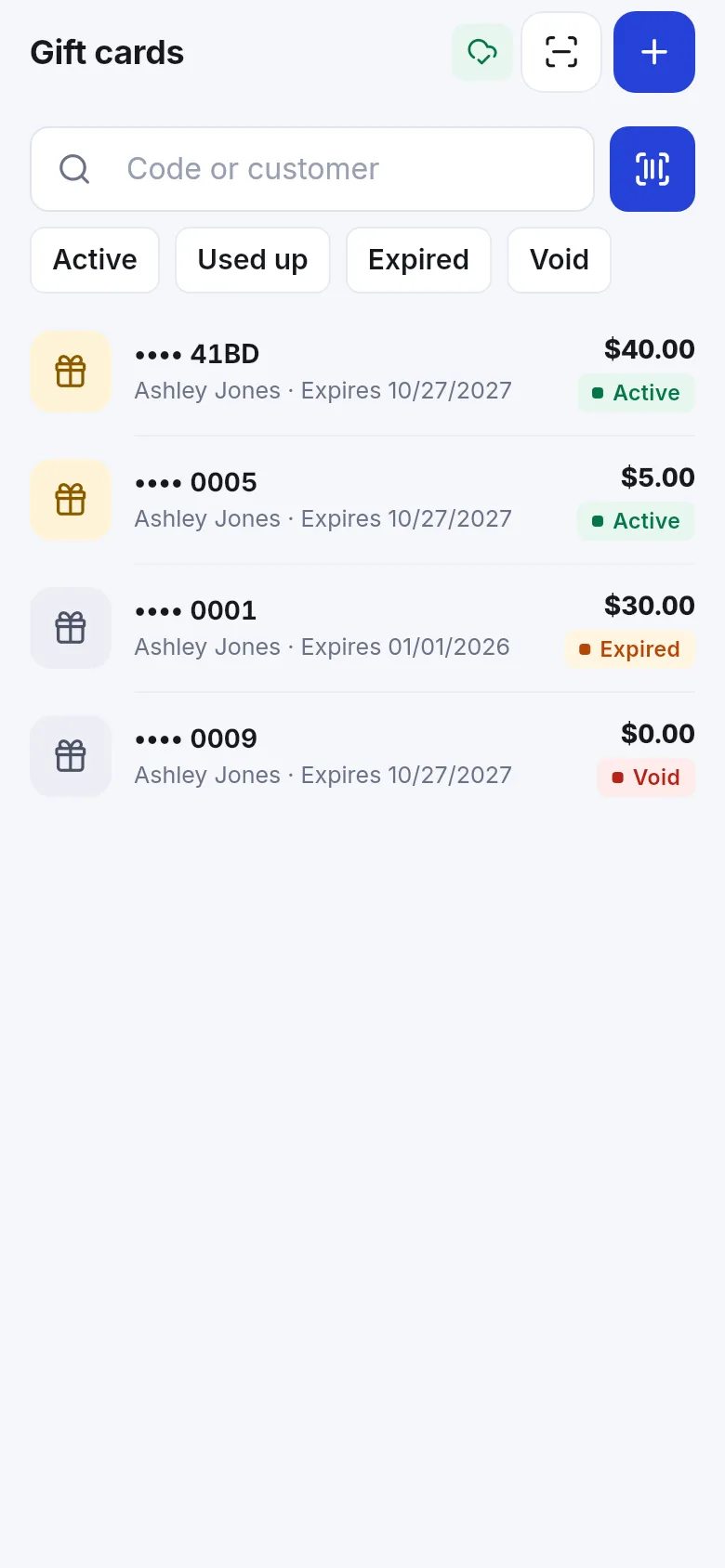 Business app Gift cards list with Active, Used up, Expired and Void filters and card balances