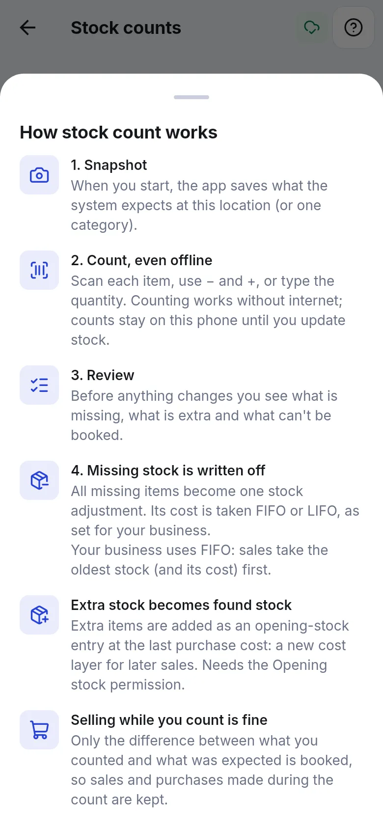 How stock count works: snapshot, count even offline, review, missing stock is written off, extra stock becomes found stock