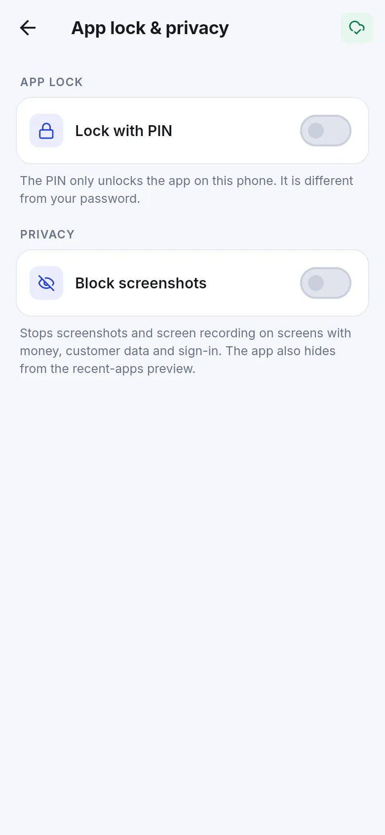 App lock and privacy screen with Lock with PIN and Block screenshots switches
