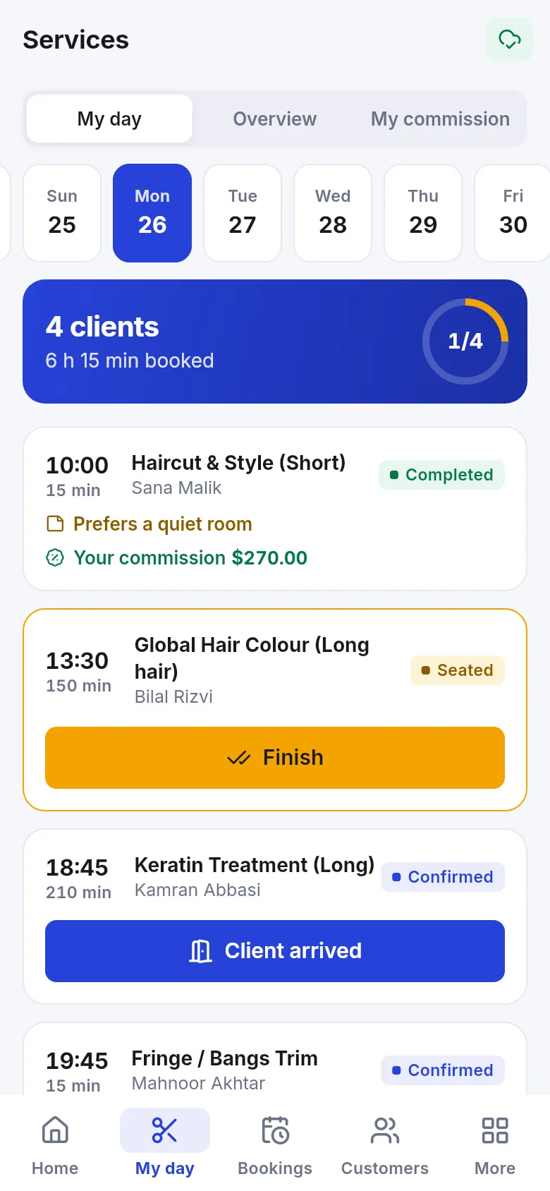 Services My day screen in the SmartPOS Business app with four clients, a Finish button and the staff member's commission