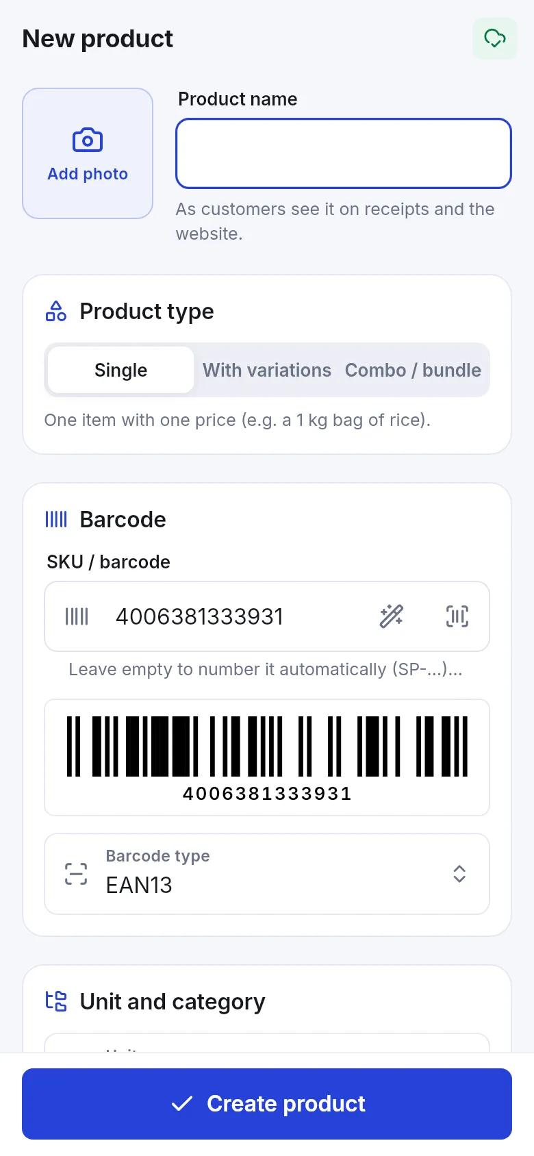 SmartPOS Business app New product screen with Add photo, Product name, Product type Single, With variations, Combo / bundle, SKU / barcode with a scanned EAN13 barcode