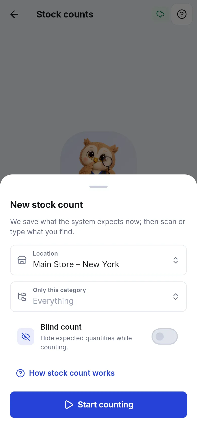 New stock count sheet with location, Only this category, Blind count switch and Start counting