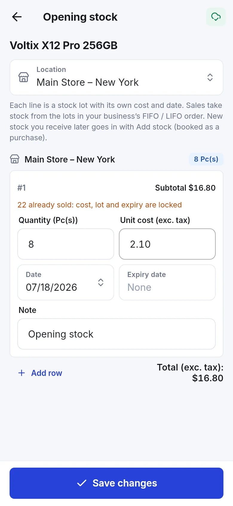 SmartPOS Business app Opening stock screen for Voltix X12 Pro 256GB at Main Store with a lot row showing quantity 8, unit cost 2.10, date, expiry date and note, and a message that 22 already sold so cost, lot and expiry are locked