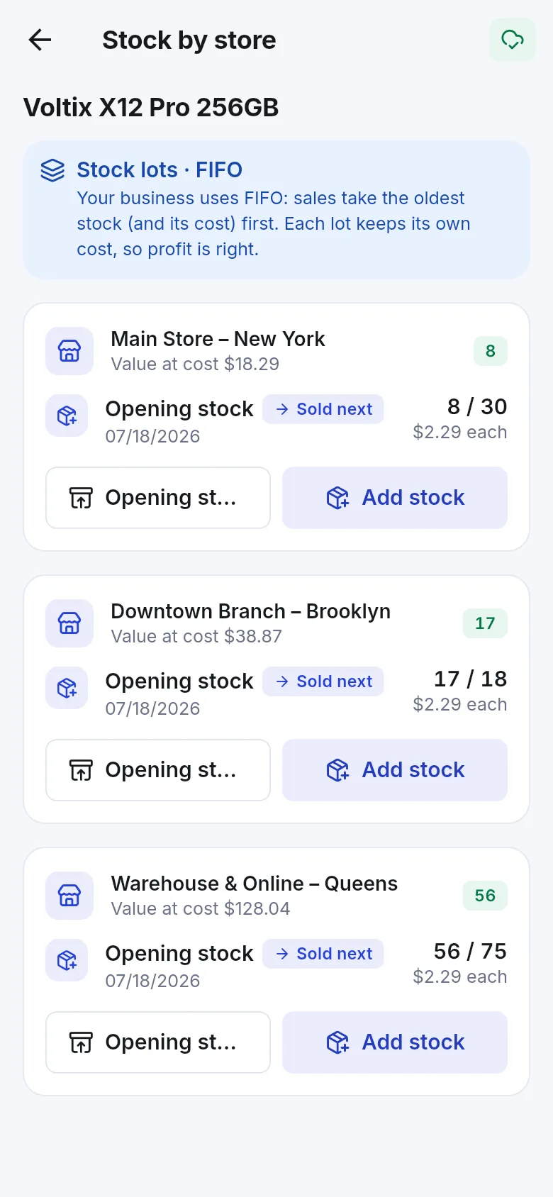 Stock by store screen in the SmartPOS Business app showing one product with stock in Main Store, Downtown Branch and Warehouse and Online