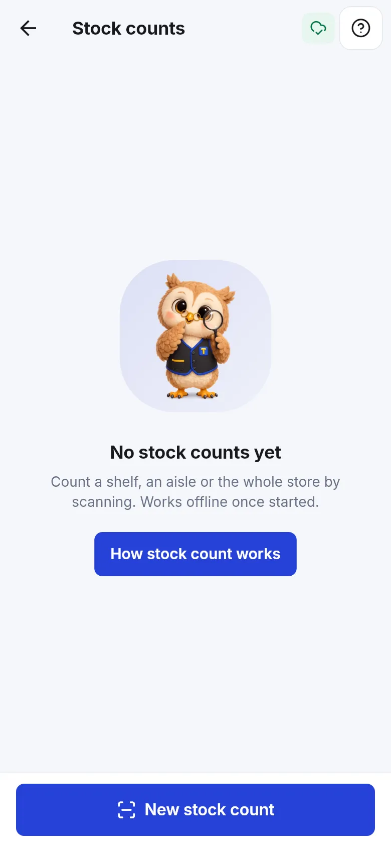 Stock counts screen with no counts yet and a New stock count button