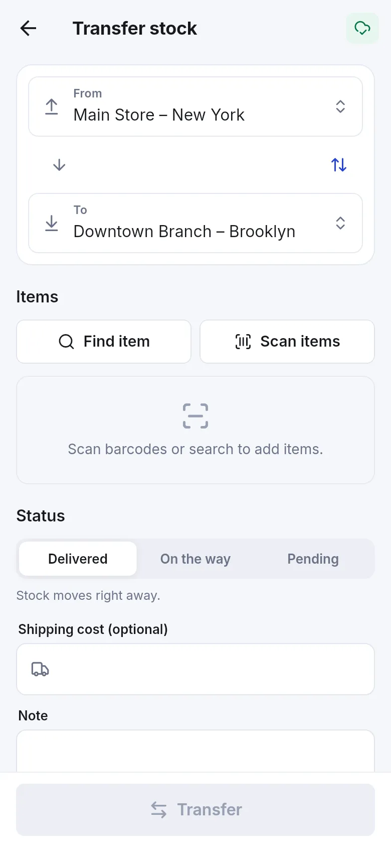 Transfer stock screen in the SmartPOS Business app with From and To locations, Find item and Scan items buttons and status choices