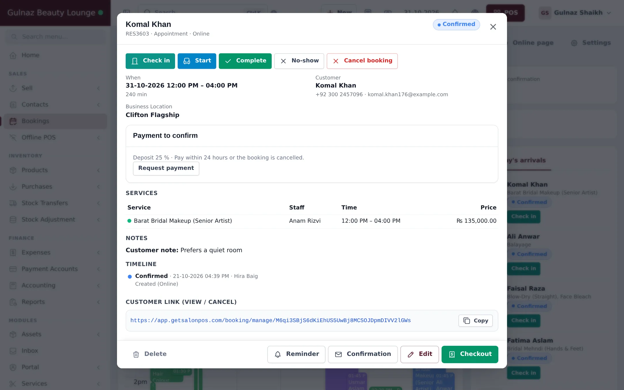 Appointment detail with Check in, Start, Complete, No-show and Cancel booking buttons, date and customer, a payment to confirm panel, the service with staff and price, notes, timeline, customer link and Checkout button