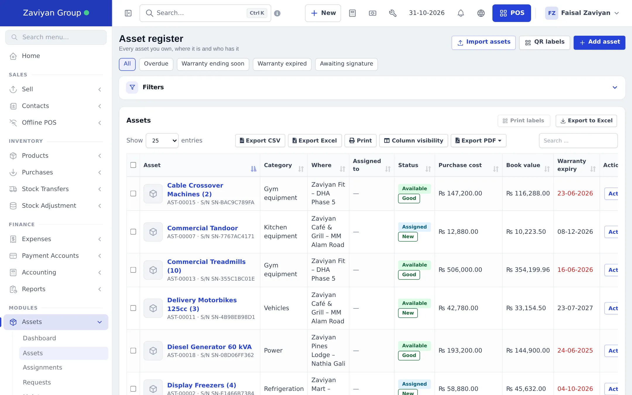 Asset register with quick filters, Import assets, QR labels and Add asset buttons and a list of assets with status, cost and book value