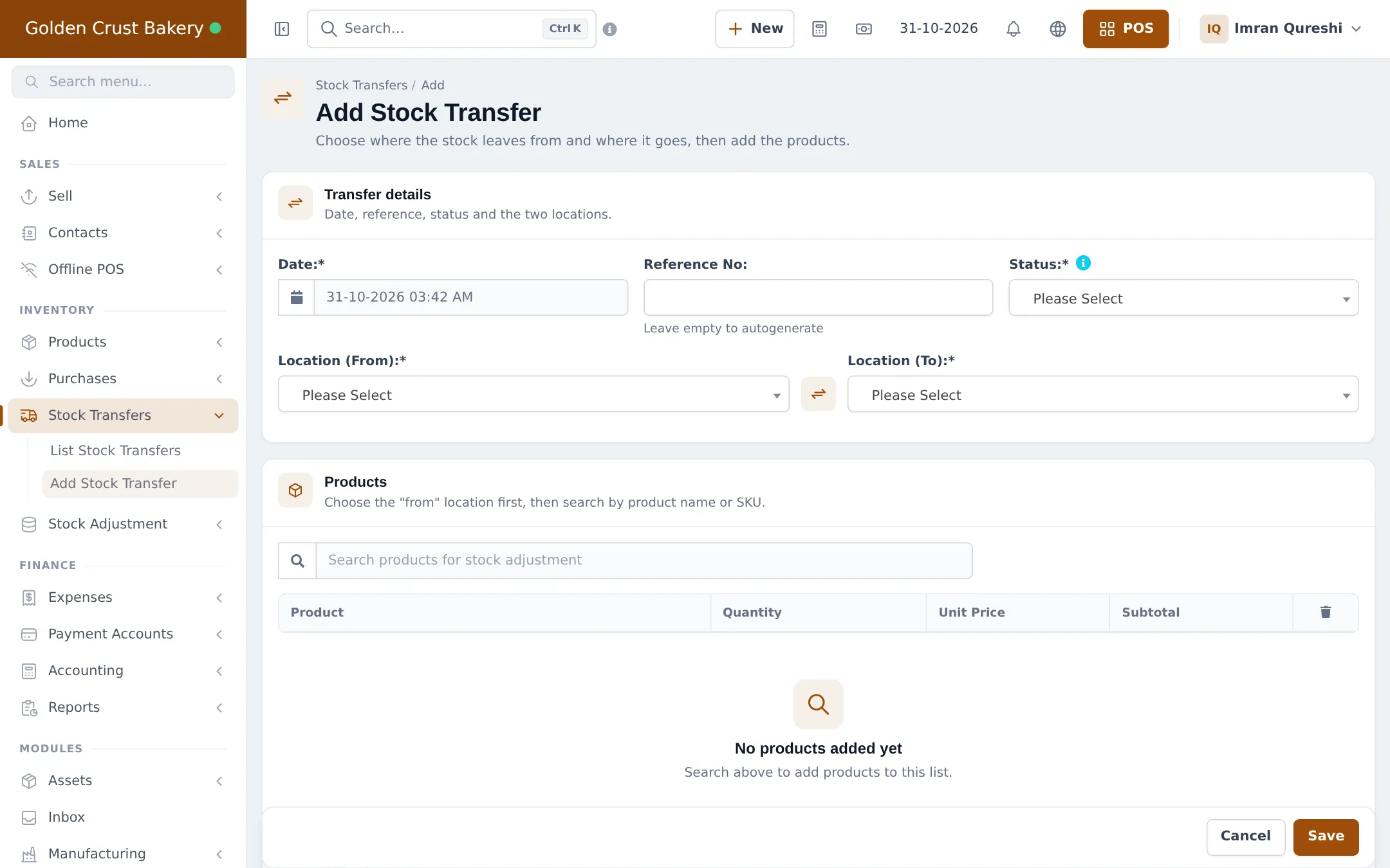 Add Stock Transfer form with date, reference number, status, location from and location to, and the products table