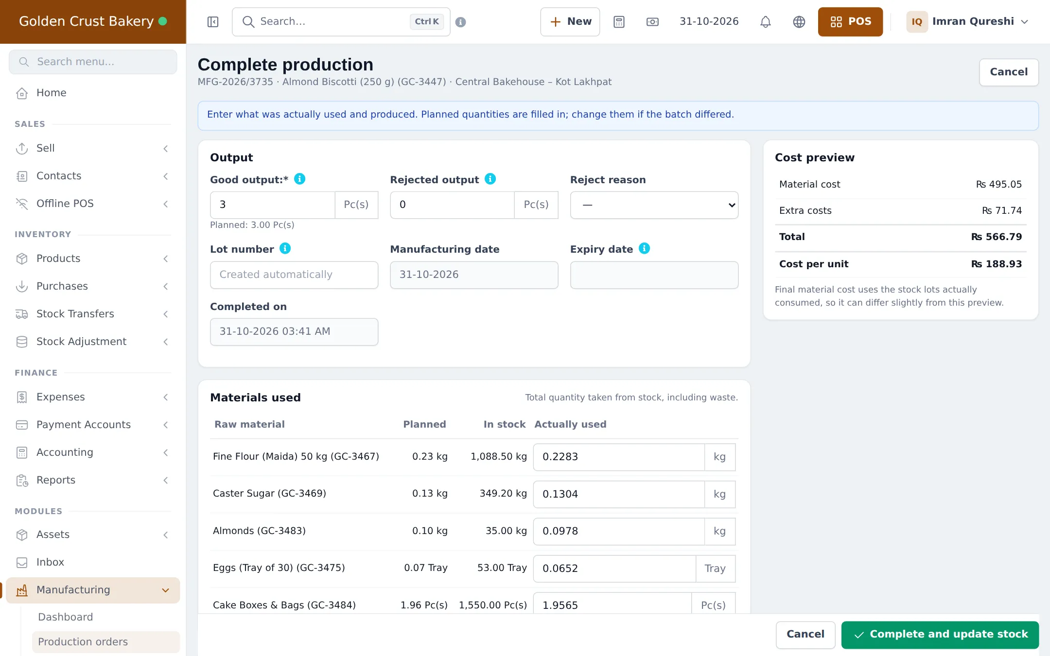 Complete production form with good output, rejected output and reject reason, lot number, manufacturing and expiry dates, materials used and a cost preview