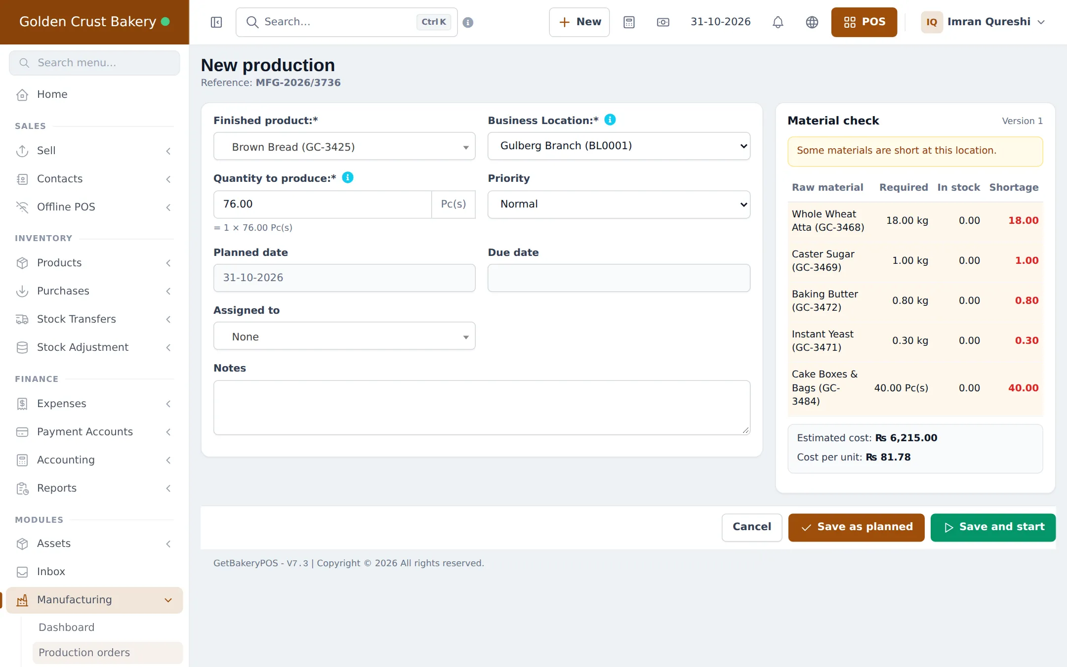 New production form with finished product Brown Bread, location, quantity 76, planned and due dates, assigned to, and a material check showing shortages at a shop location
