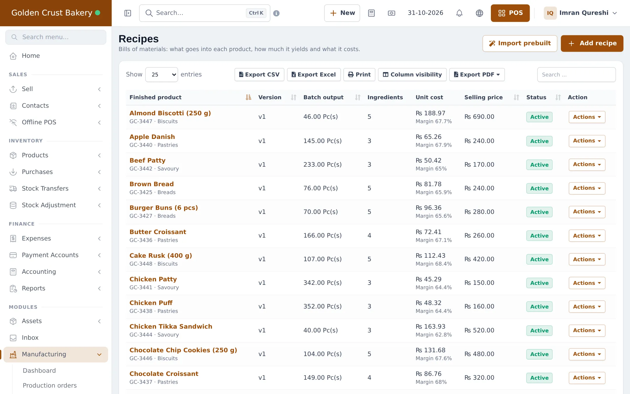 Recipes list with finished products, version, batch output, ingredients, unit cost with margin and selling price