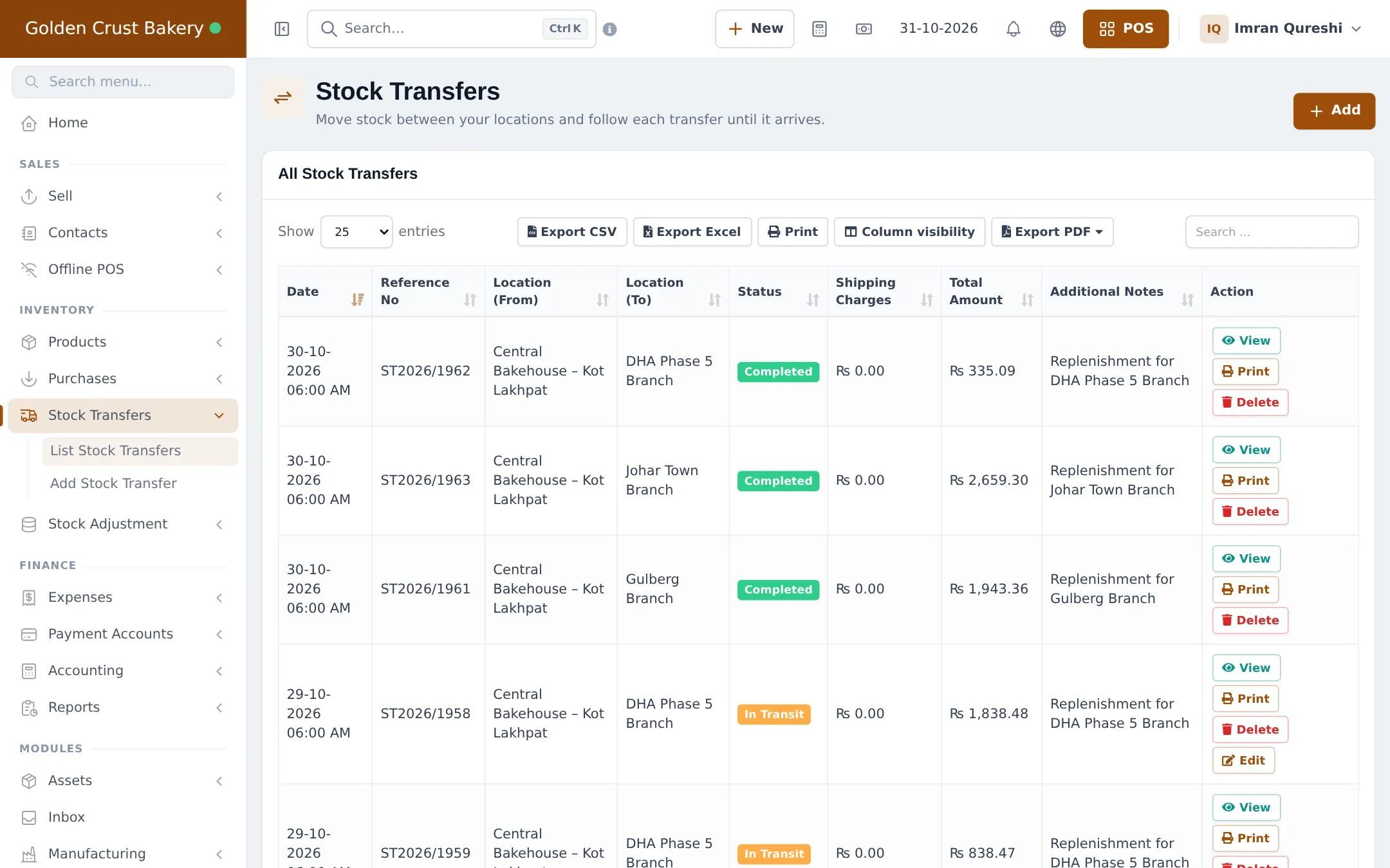 Stock transfers list with daily replenishment transfers from the central bakehouse to three branches, completed and in transit