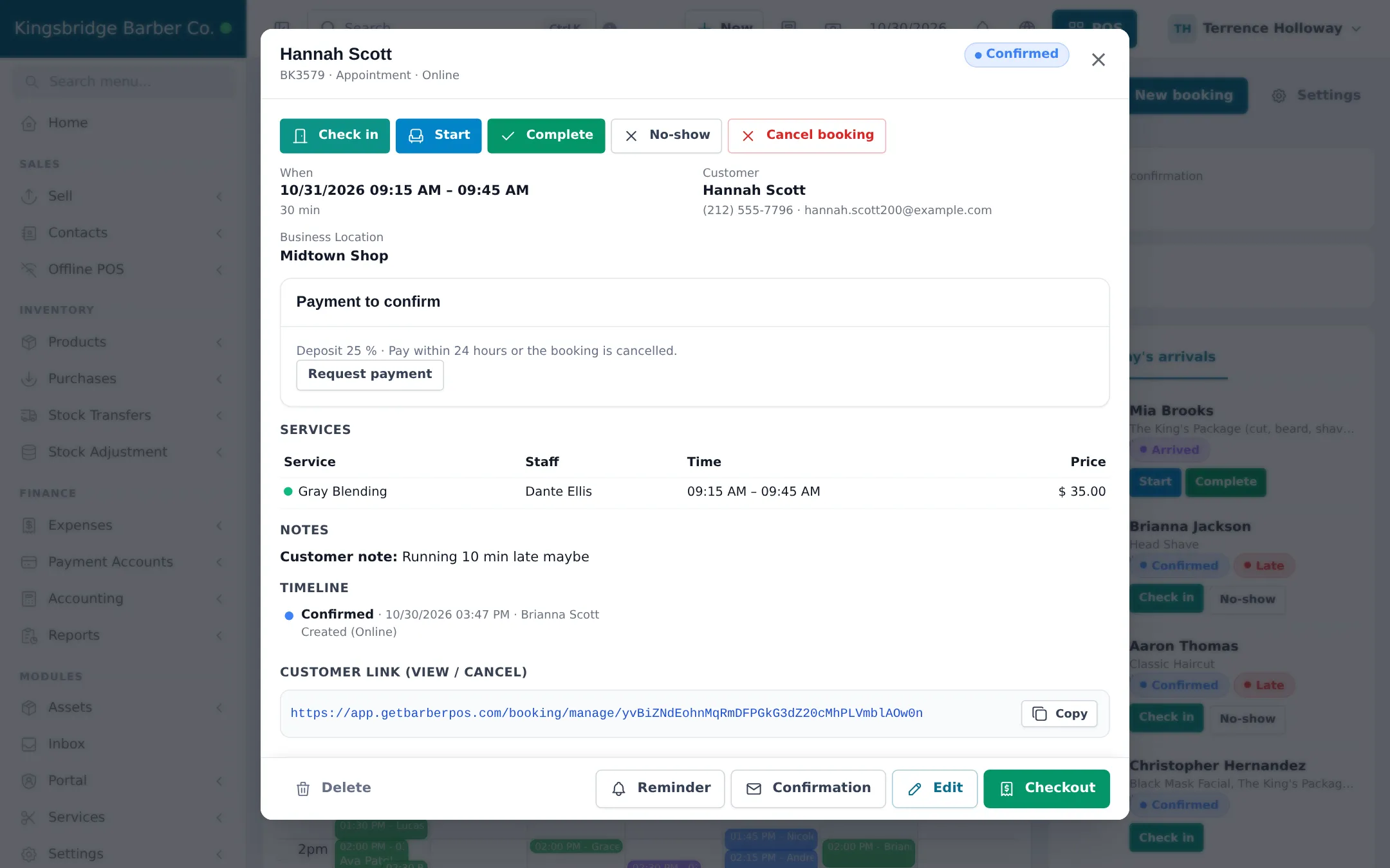 Appointment detail for a gray blending service with Check in, Start, Complete, No-show and Cancel booking buttons, a payment to confirm panel with a deposit rule, the customer note and the Checkout button