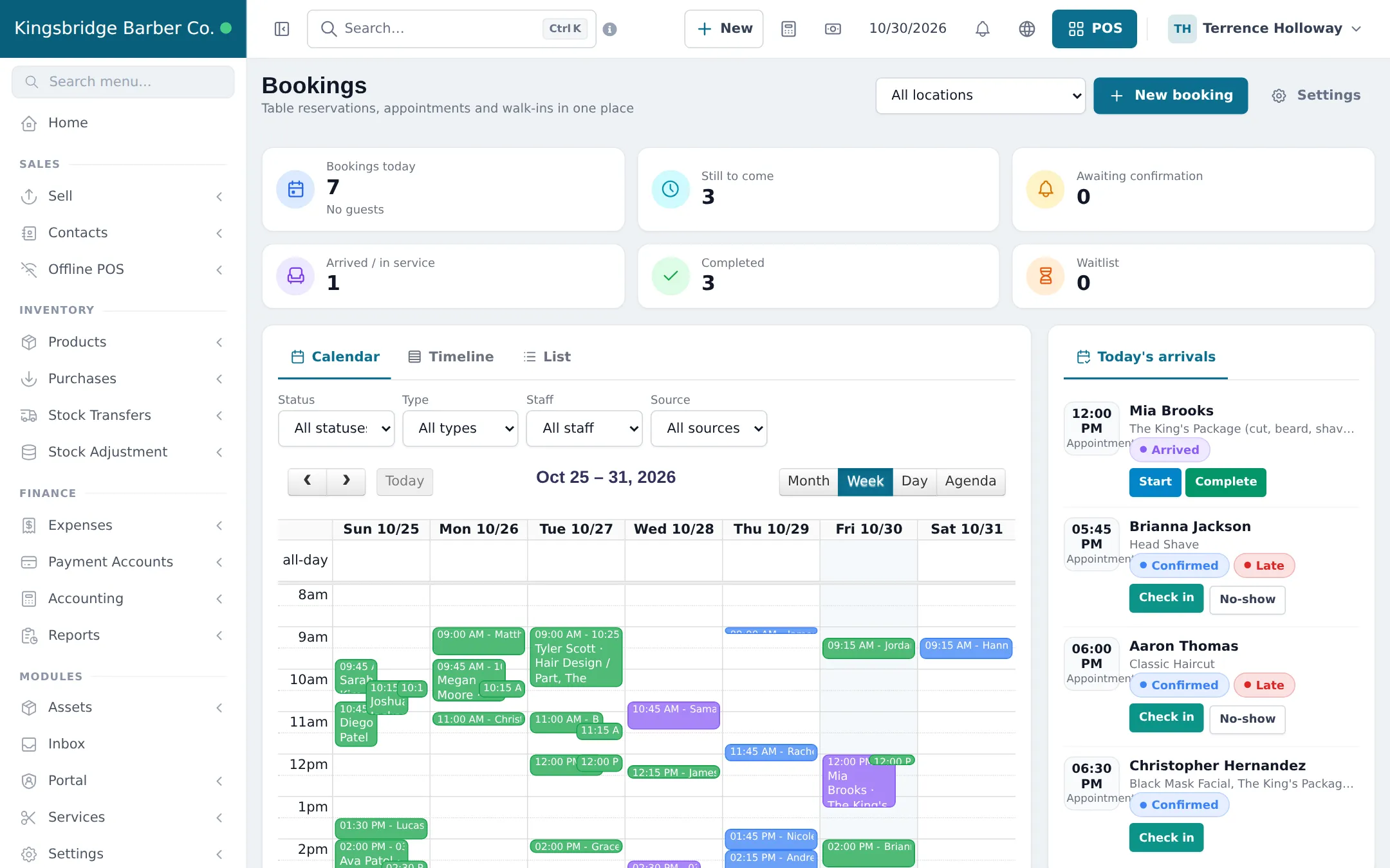 Bookings page of a barbershop with a week calendar full of short appointments and a Today's arrivals list with Start, Complete, Check in and No-show buttons and Late chips