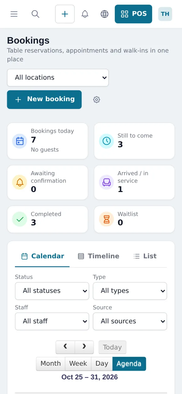 Bookings page in a phone browser with New booking button, counters for today and calendar filters
