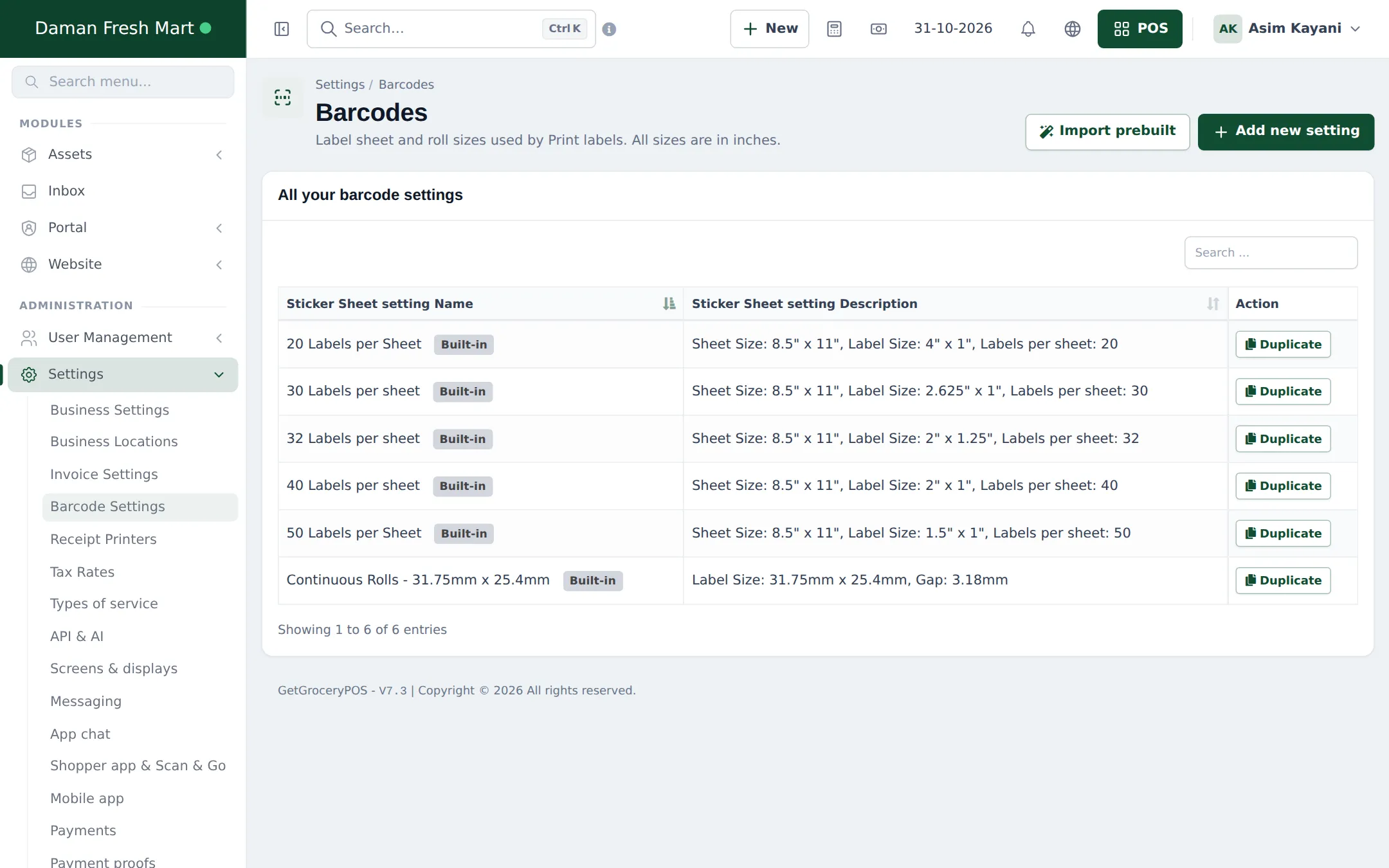 Barcode settings list with built-in sheets of 20 to 50 labels and continuous rolls