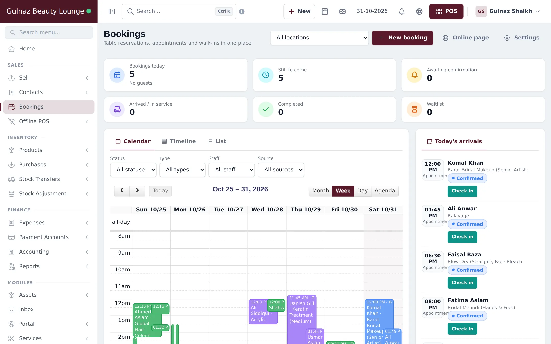 Bookings page with counters for bookings today, still to come, awaiting confirmation, arrived, completed and waitlist, a week calendar of appointments and a Today's arrivals list with Check in buttons