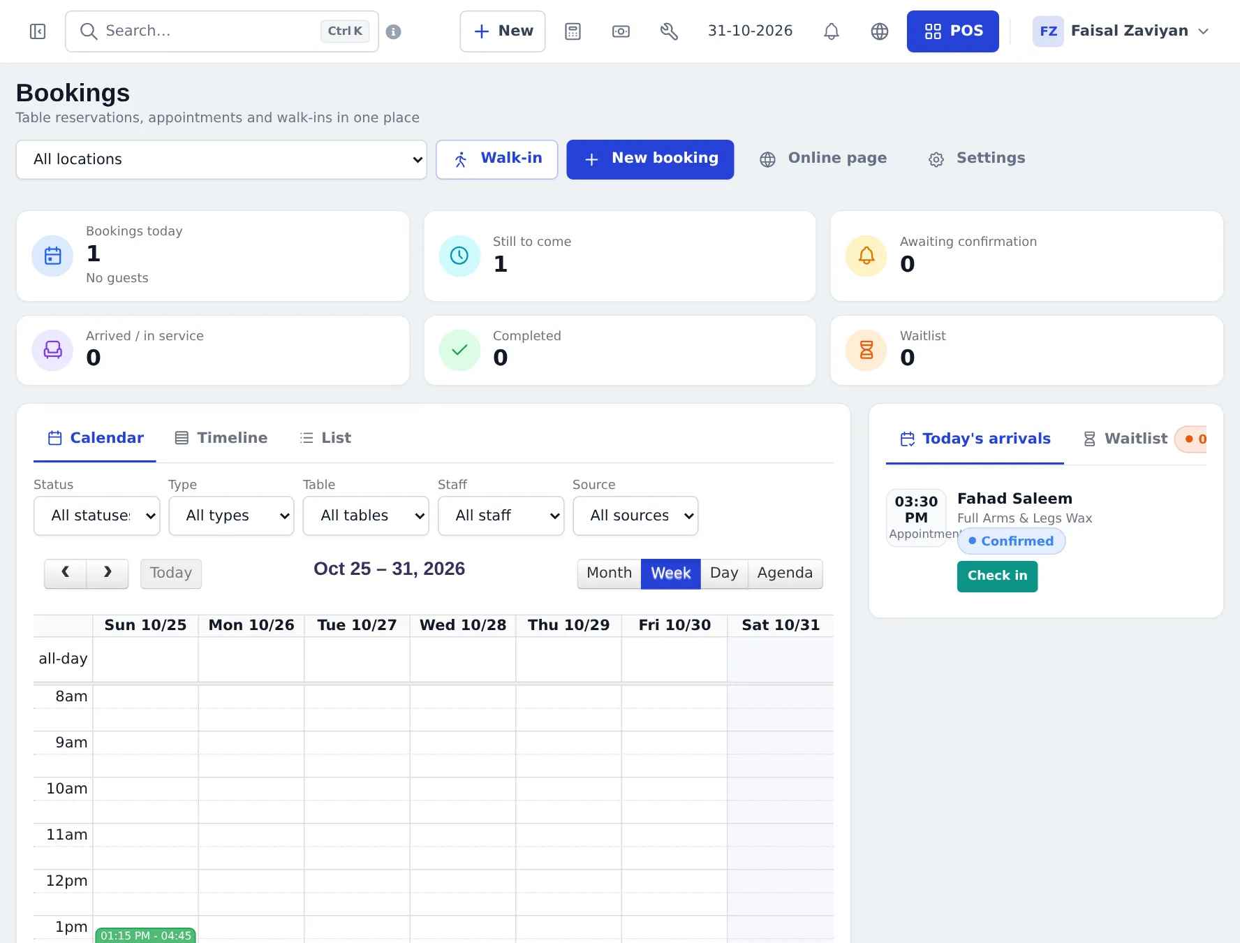 Bookings page with location filter, walk-in and new booking buttons, today's counters, and a week calendar with staff and status filters