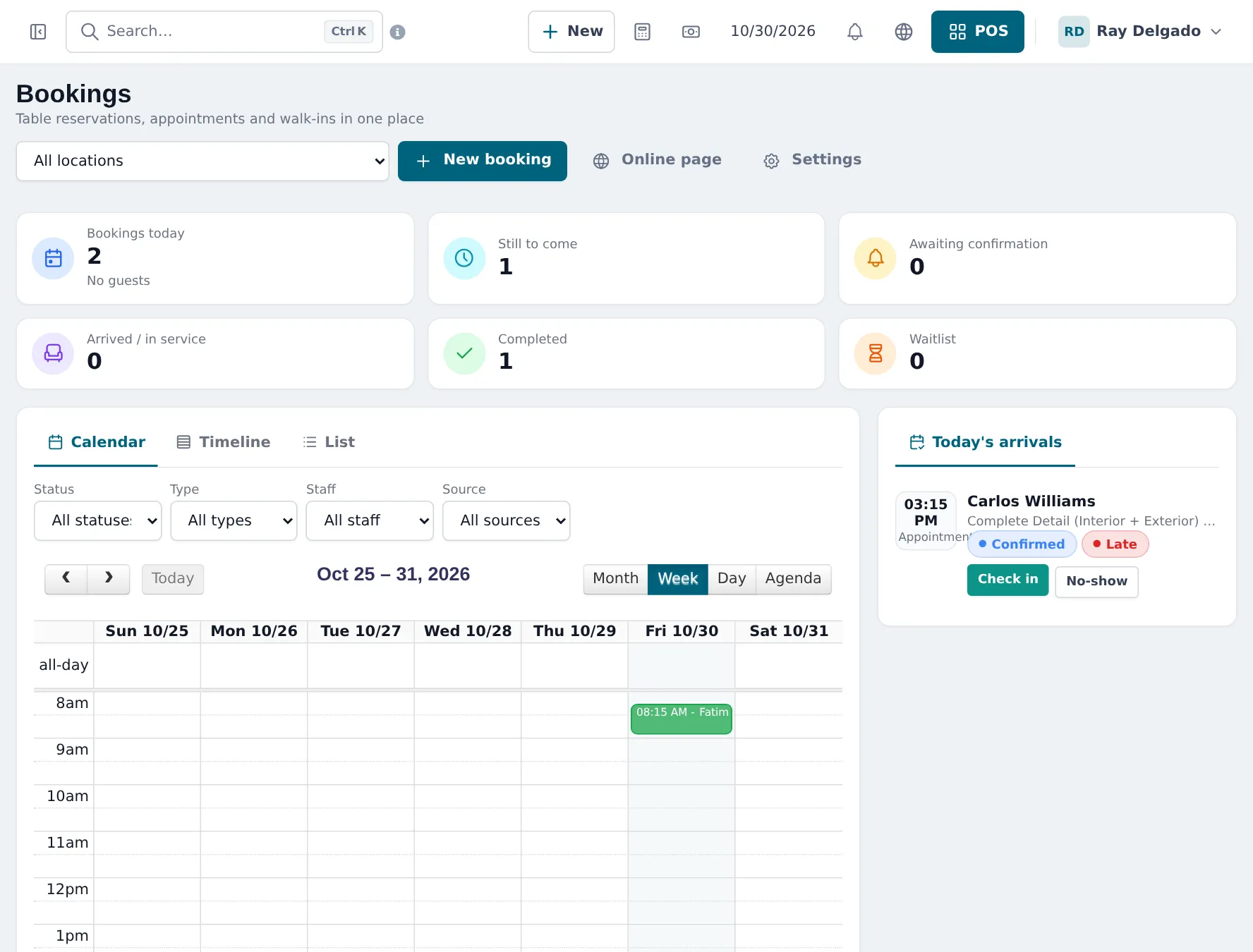 Bookings page with counters, a week calendar with one appointment on Friday, and Today's arrivals with a confirmed and late customer and Check in and No-show buttons