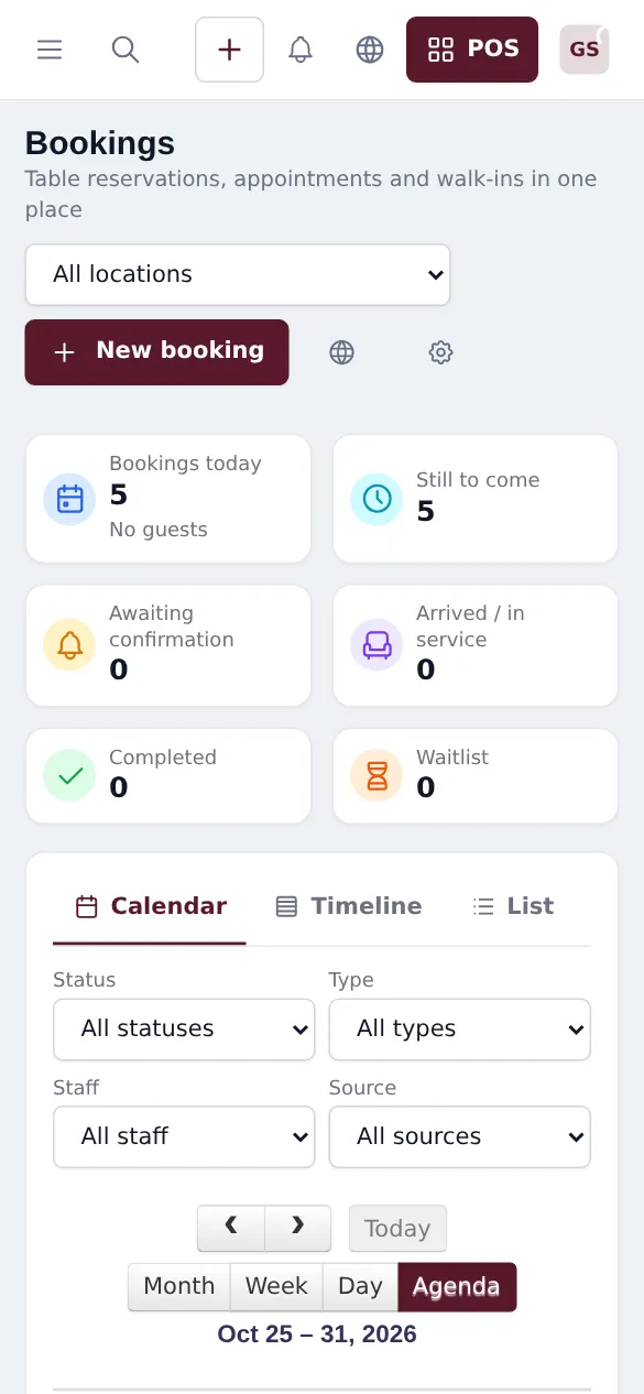 Bookings page in a phone browser with the booking cards and calendar filters