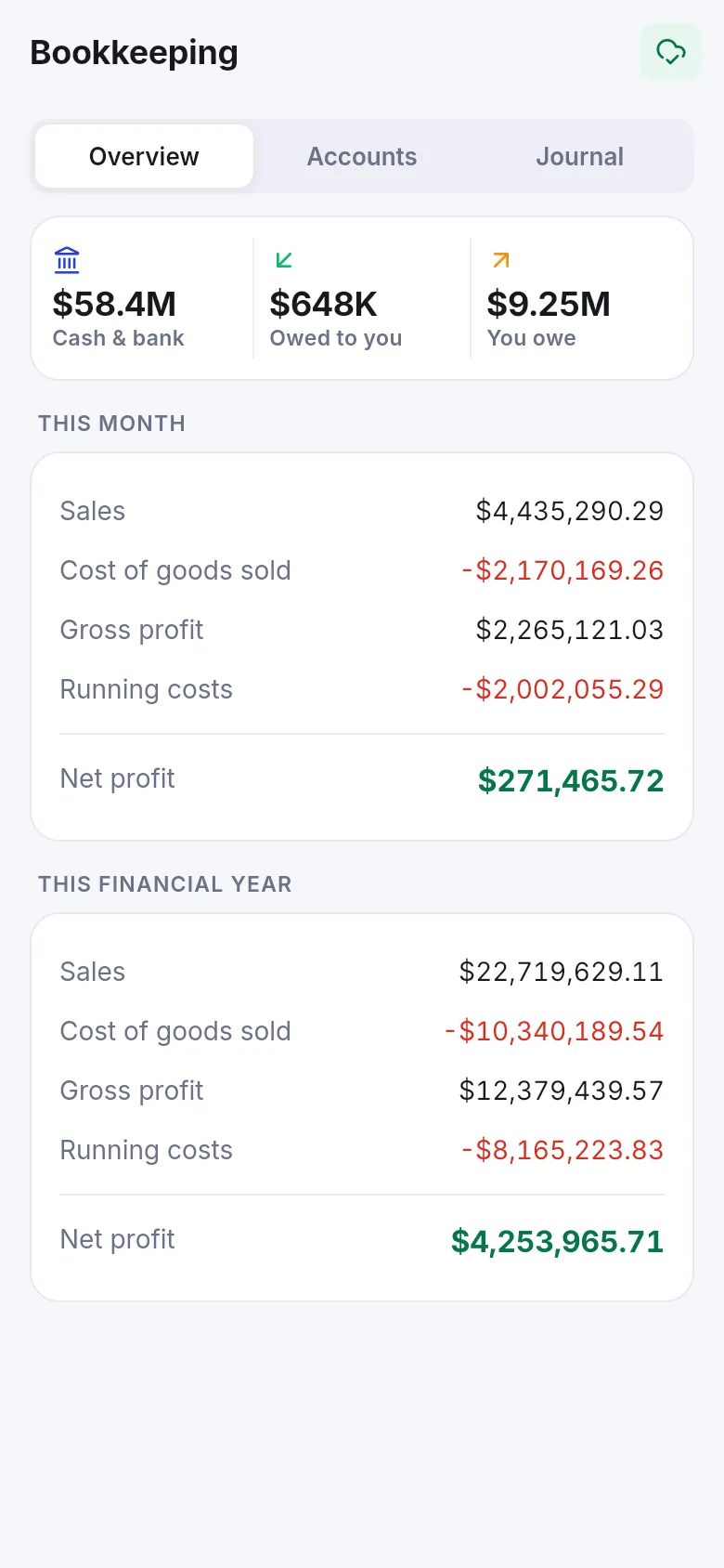 Bookkeeping overview in the app with cash and bank, owed to you, you owe and net profit