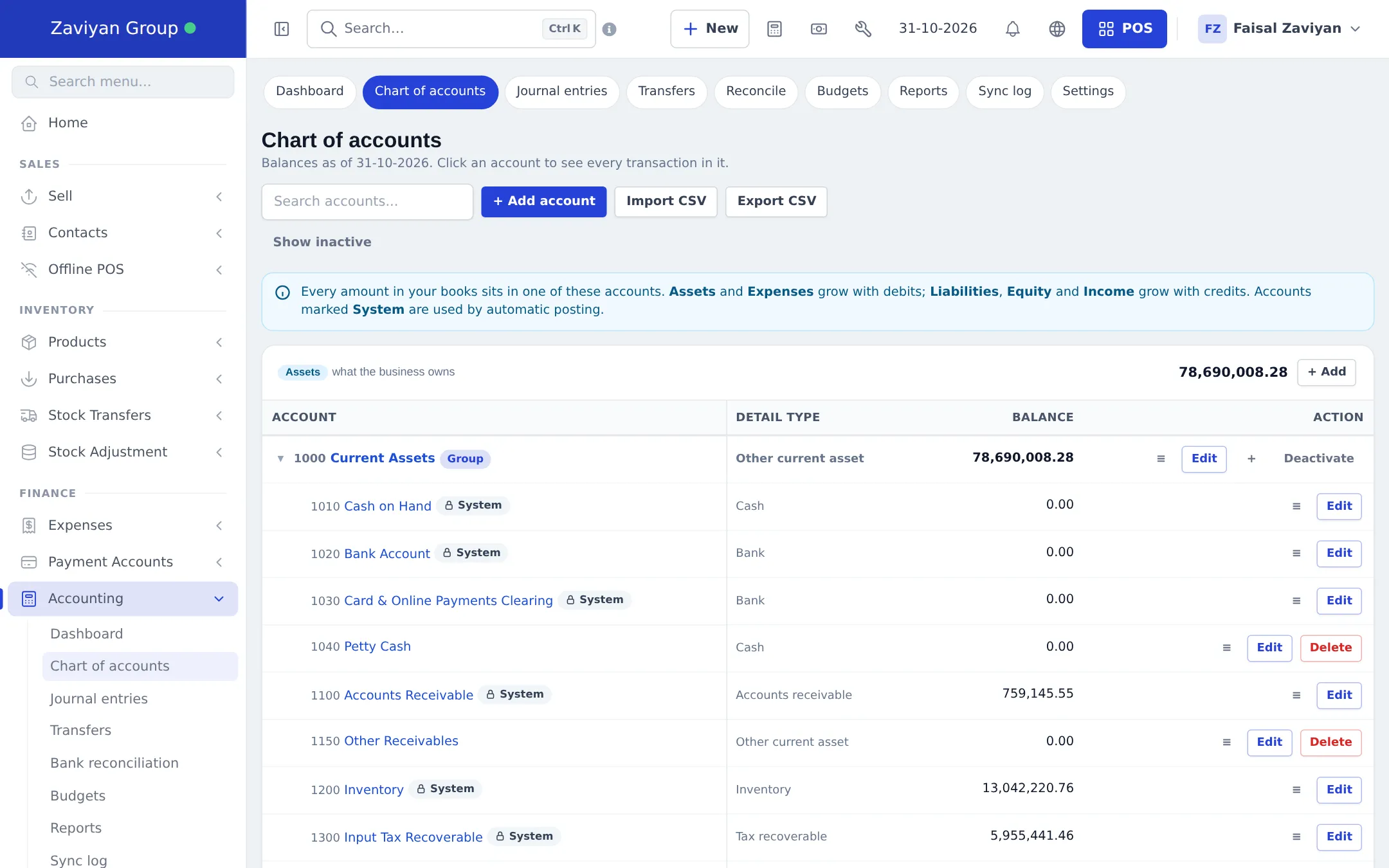 Chart of accounts with Current Assets group, cash, bank, receivables and inventory accounts and their balances