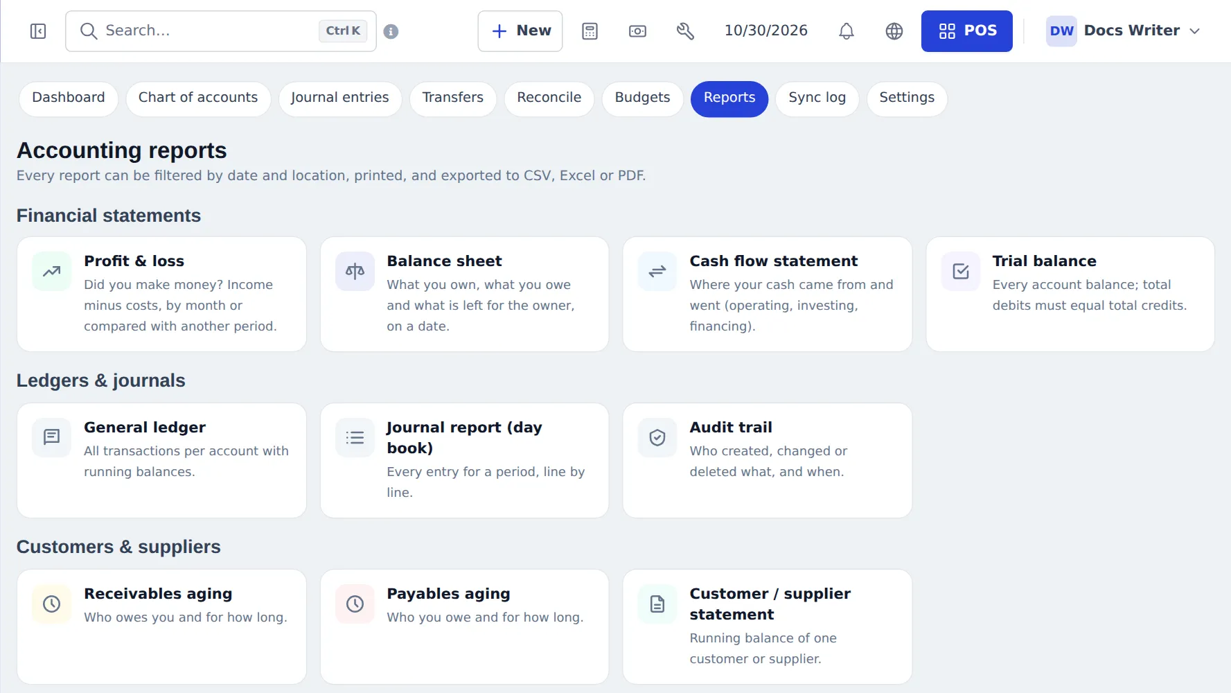 Accounting reports page: Profit and loss, Balance sheet, Cash flow statement, Trial balance, General ledger, Journal report, Audit trail, Receivables aging, Payables aging, Customer / supplier statement, Tax summary, Budget vs actual, Expenses by category and Income by source