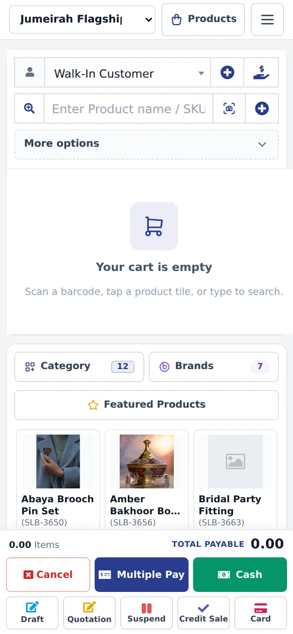 The web POS at phone width with the product search and cart