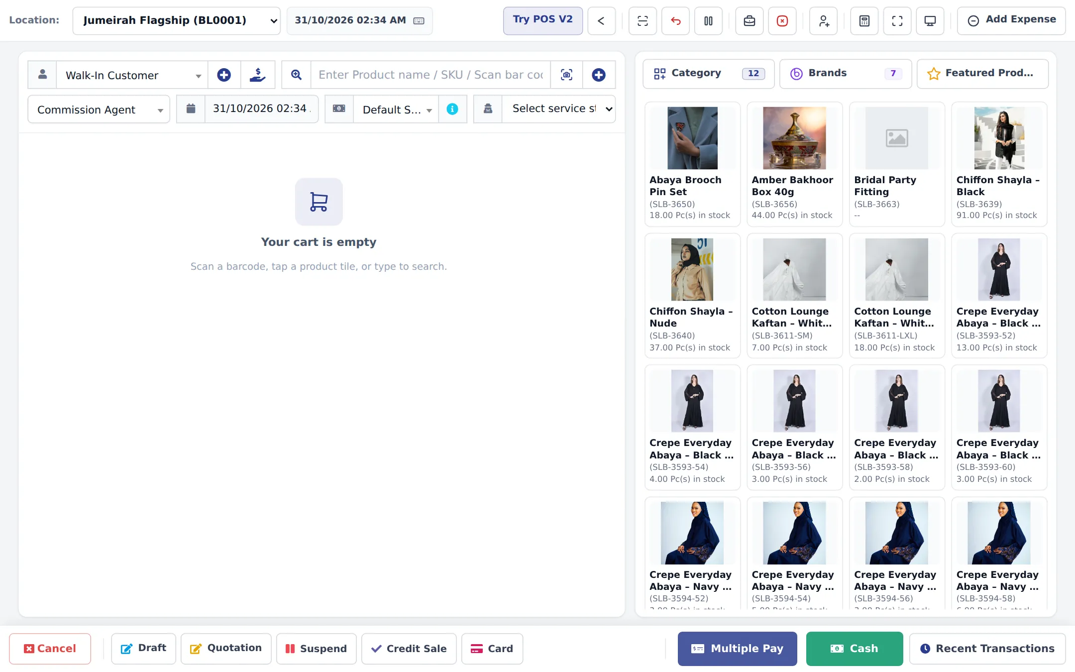 POS screen of a boutique with product tiles for abayas in each size, shaylas, kaftans and accessories with photos and stock