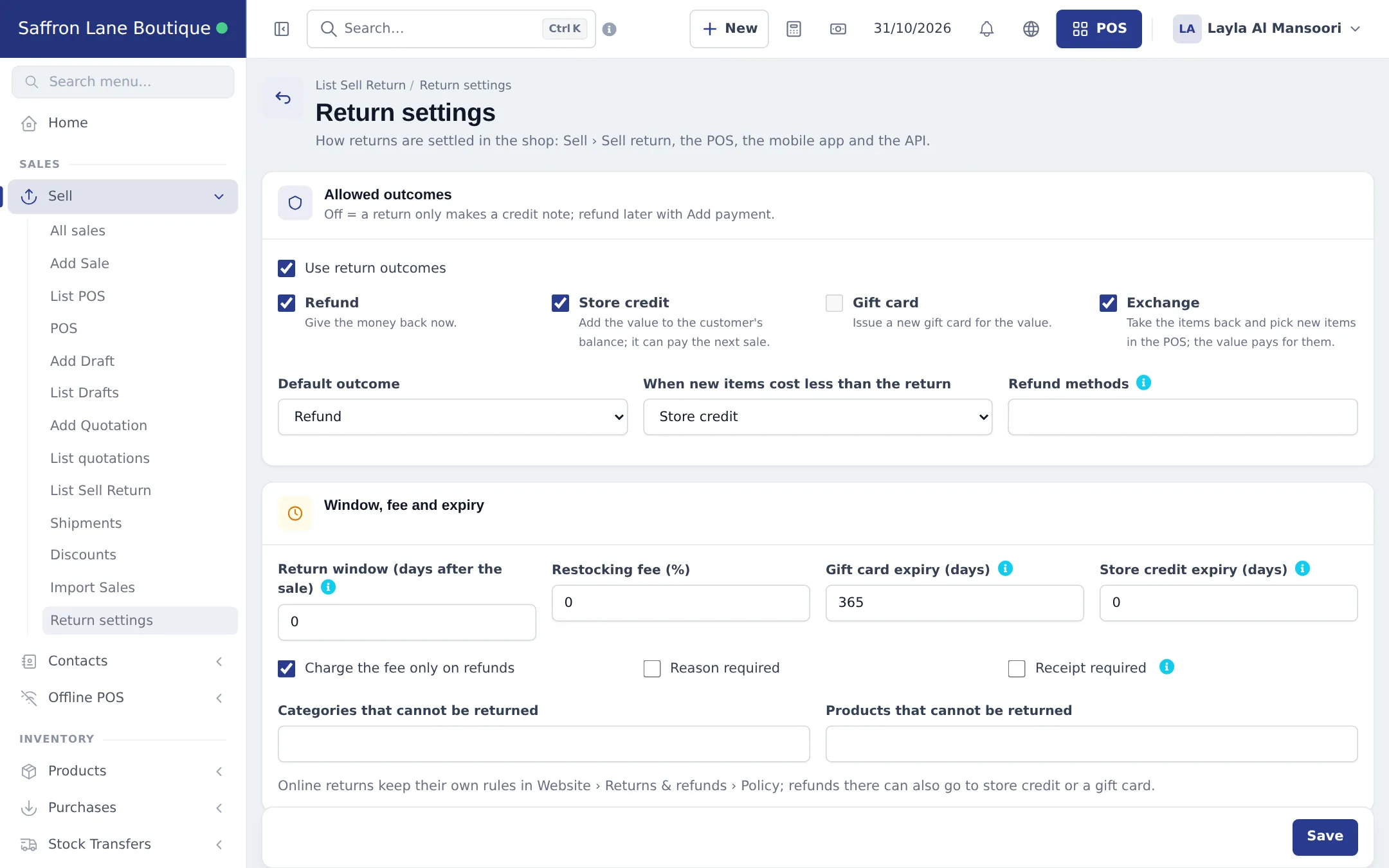Return settings page with Use return outcomes ticked, Refund, Store credit and Exchange allowed, Default outcome Refund, cheaper exchange set to Store credit, return window, restocking fee, gift card and store credit expiry, and lists of categories and products that cannot be returned