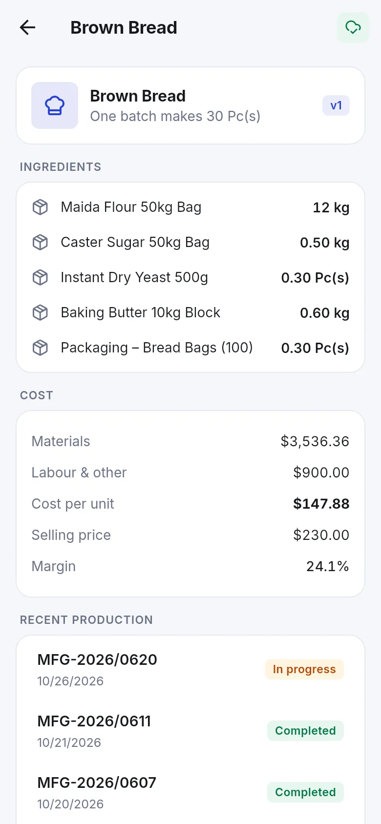 SmartPOS Business app recipe screen with batch size, ingredients and quantities, material and labor cost, cost per unit, selling price, margin and recent production