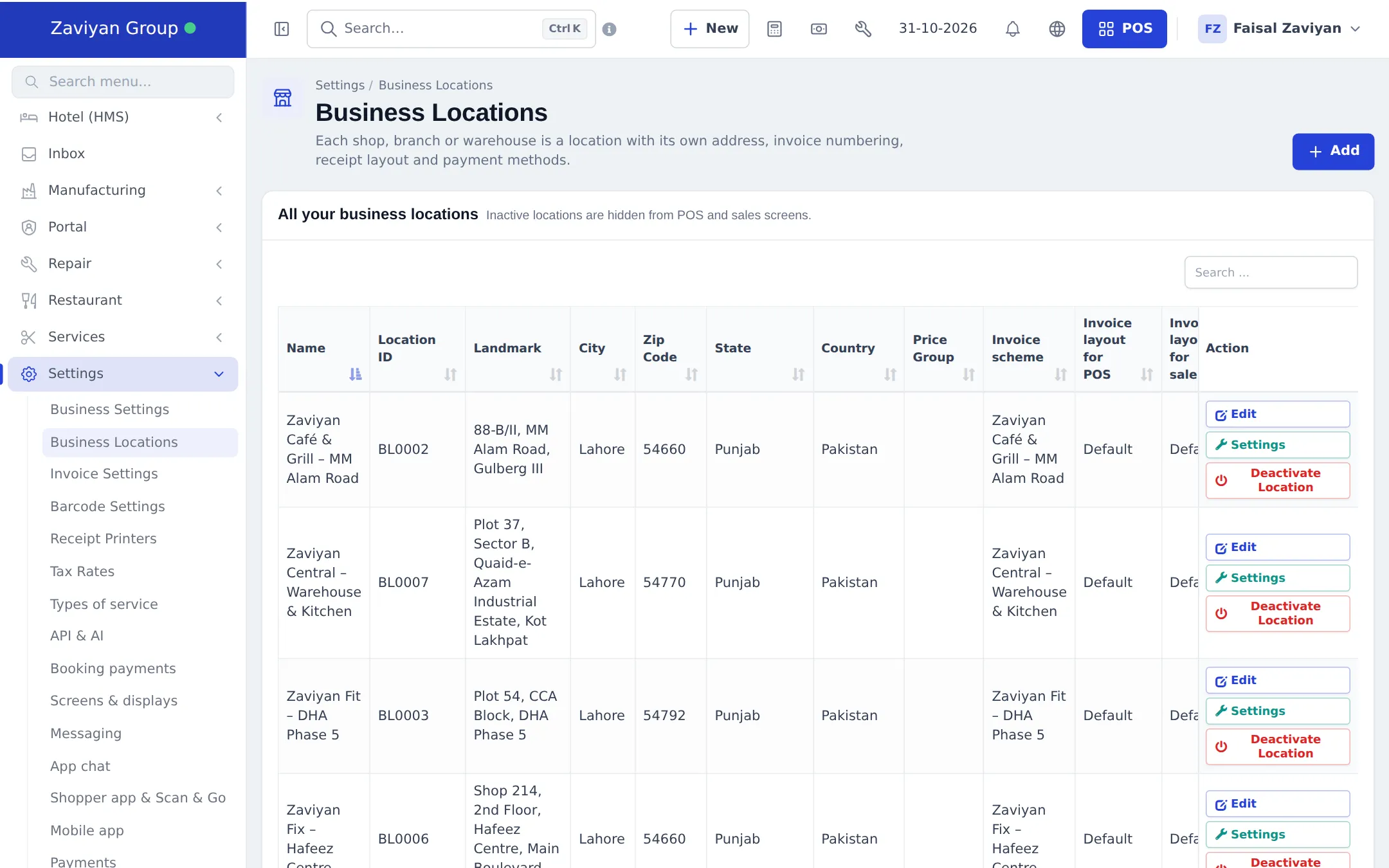 Business Locations list with Zaviyan Café and Grill, Zaviyan Central Warehouse and Kitchen, Zaviyan Fit and Zaviyan Fix, each with Location ID, city, invoice scheme and Edit, Settings and Deactivate Location buttons