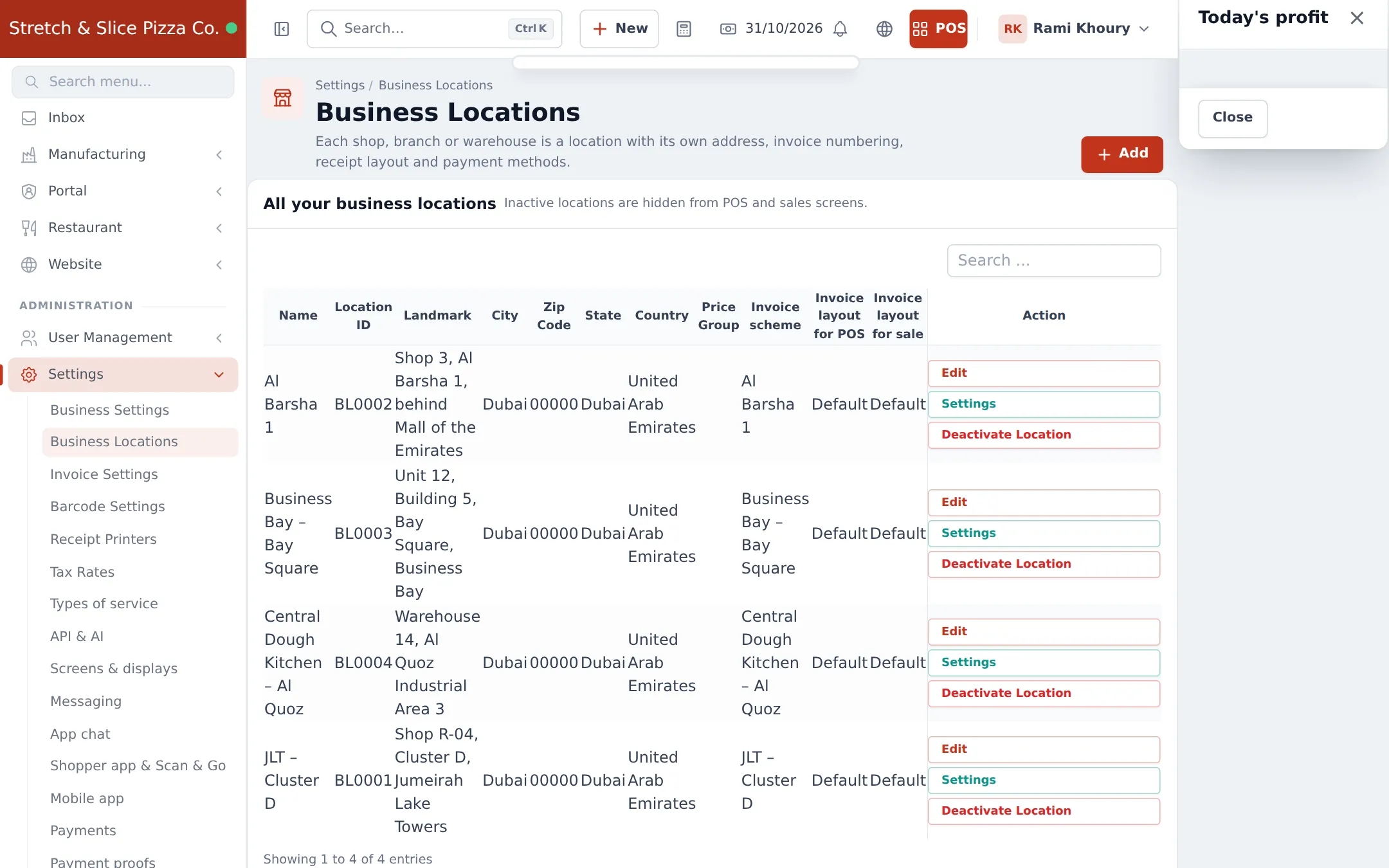 Business Locations list with four branches in Dubai, each with its own invoice scheme and layout