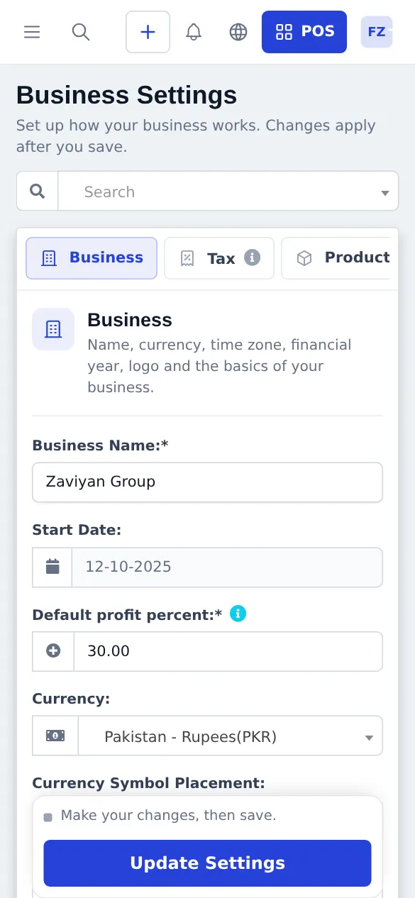 Business Settings on a phone with Business, Tax and Product chips, Business Name, Start Date, Default profit percent and Currency fields and the Update Settings button