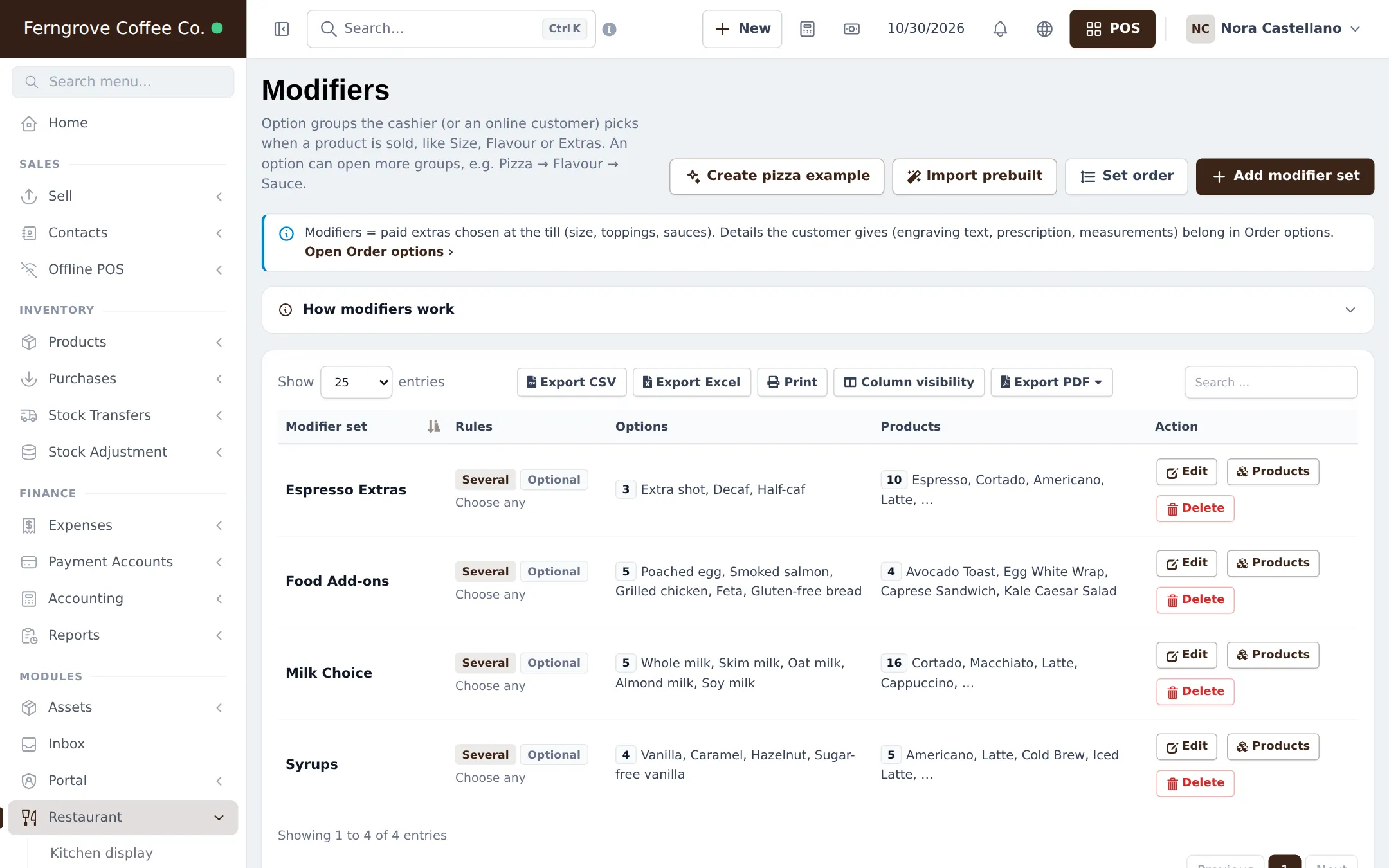 Modifiers list with Espresso Extras, Food Add-ons, Milk Choice and Syrups sets, their rules, options and linked products