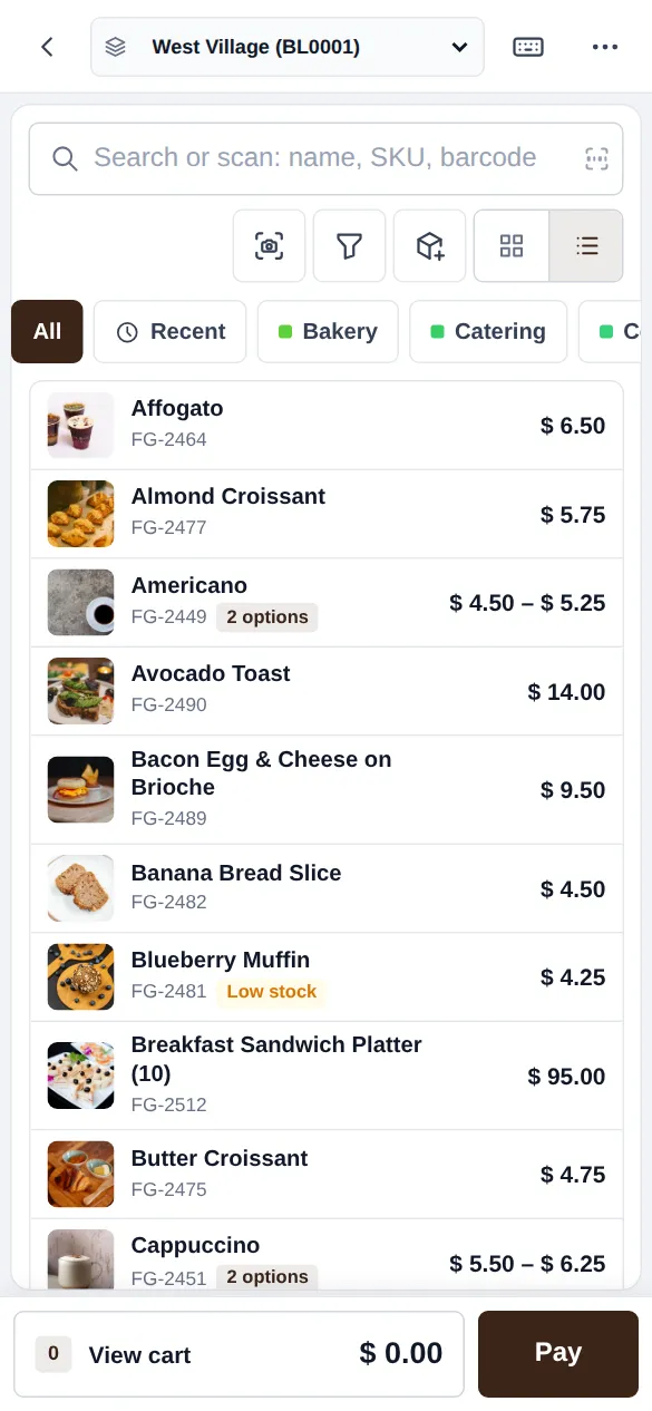 POS V2 on a phone with location picker, search, category chips and product list with prices
