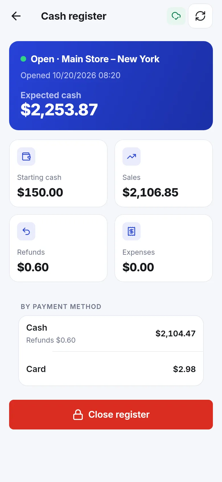 Cash register screen with expected cash, starting cash, sales, refunds, expenses, totals by payment method and a Close register button