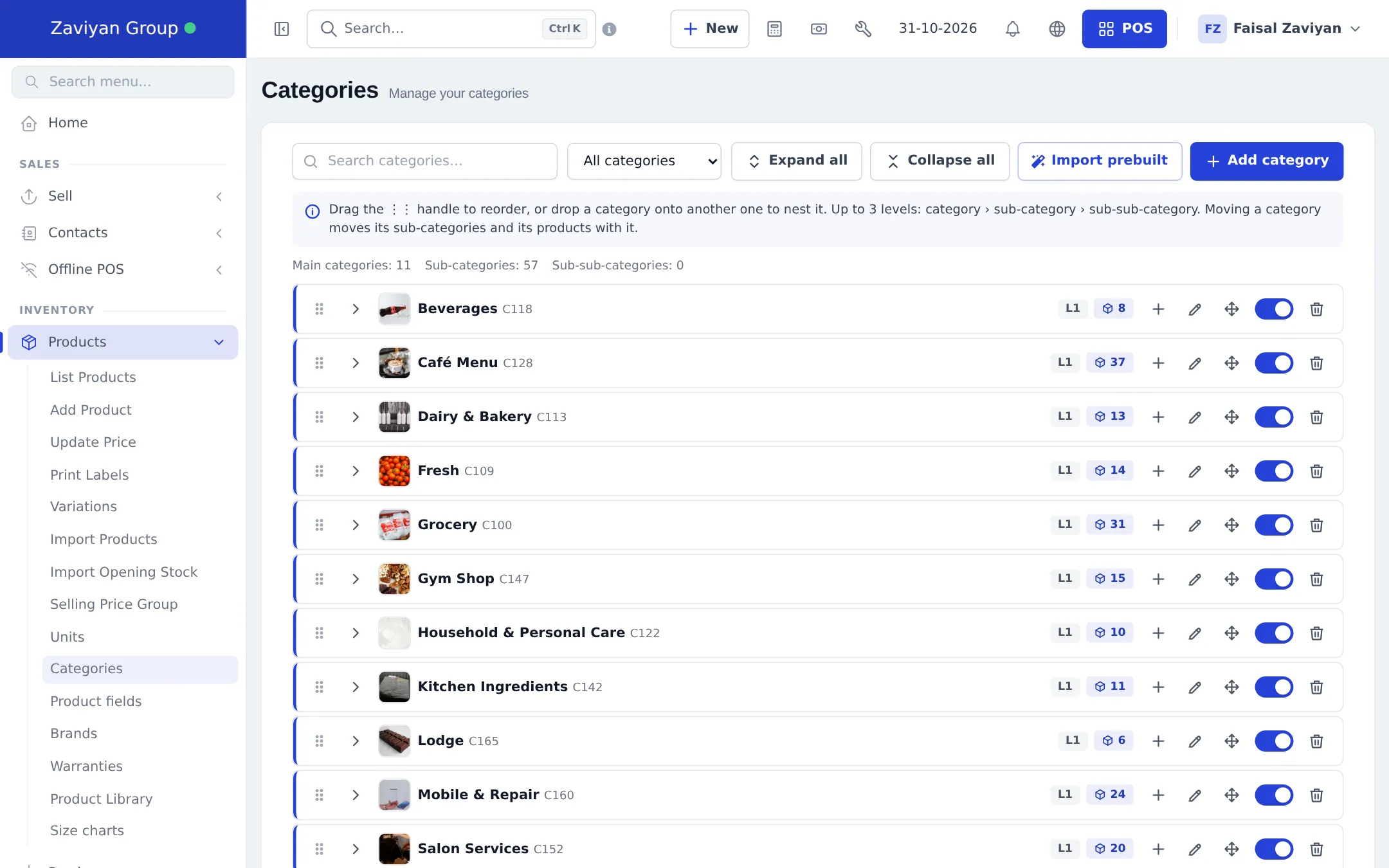 Categories page with search, All categories filter, Expand all, Collapse all, Import prebuilt and Add category buttons, and a list of main categories such as Beverages, Café Menu, Dairy & Bakery with level badge, product count, add, edit, move, on/off switch and delete